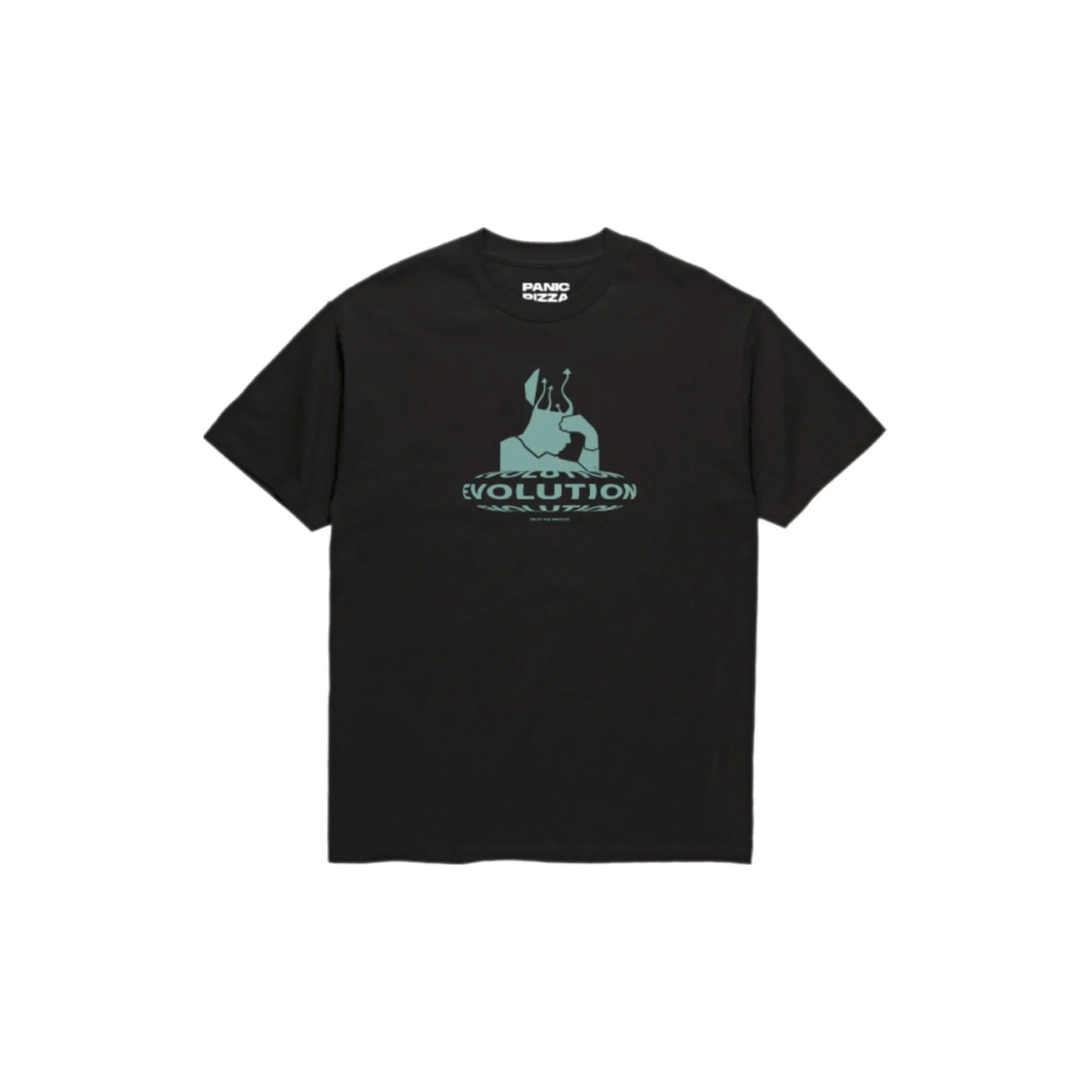 Black Panic Pizza Club Evolution T-shirt with green abstract graphic and text design
