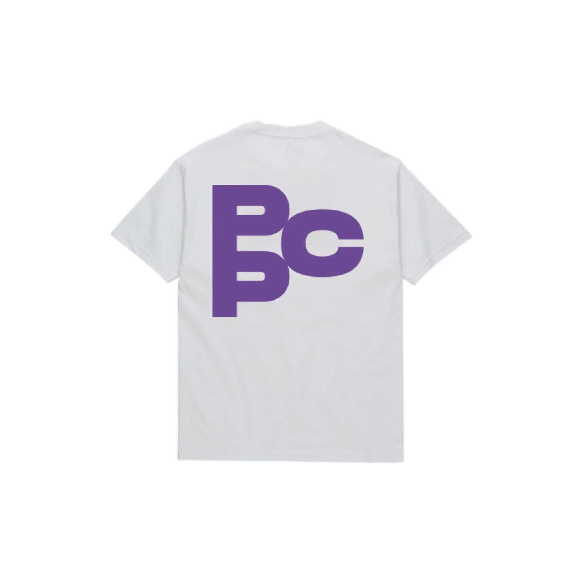 White t-shirt with large purple PCP logo printed on back, short sleeves, casual style
