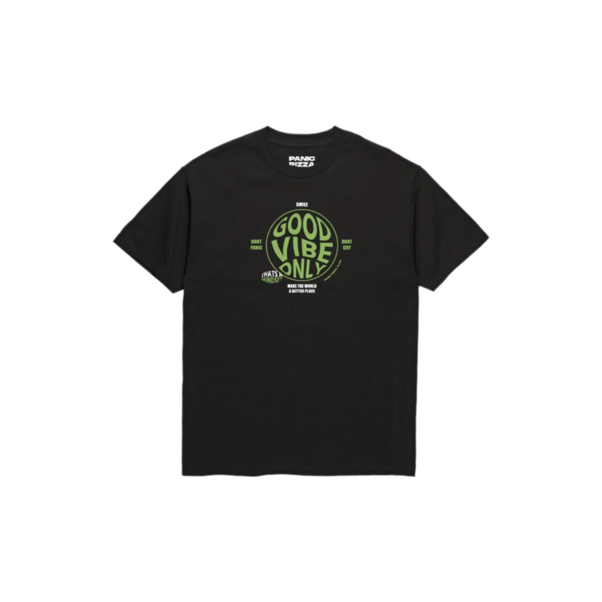 Black Panic Pizza Club T-shirt with green Good Vibe Only text graphic and positive phrases