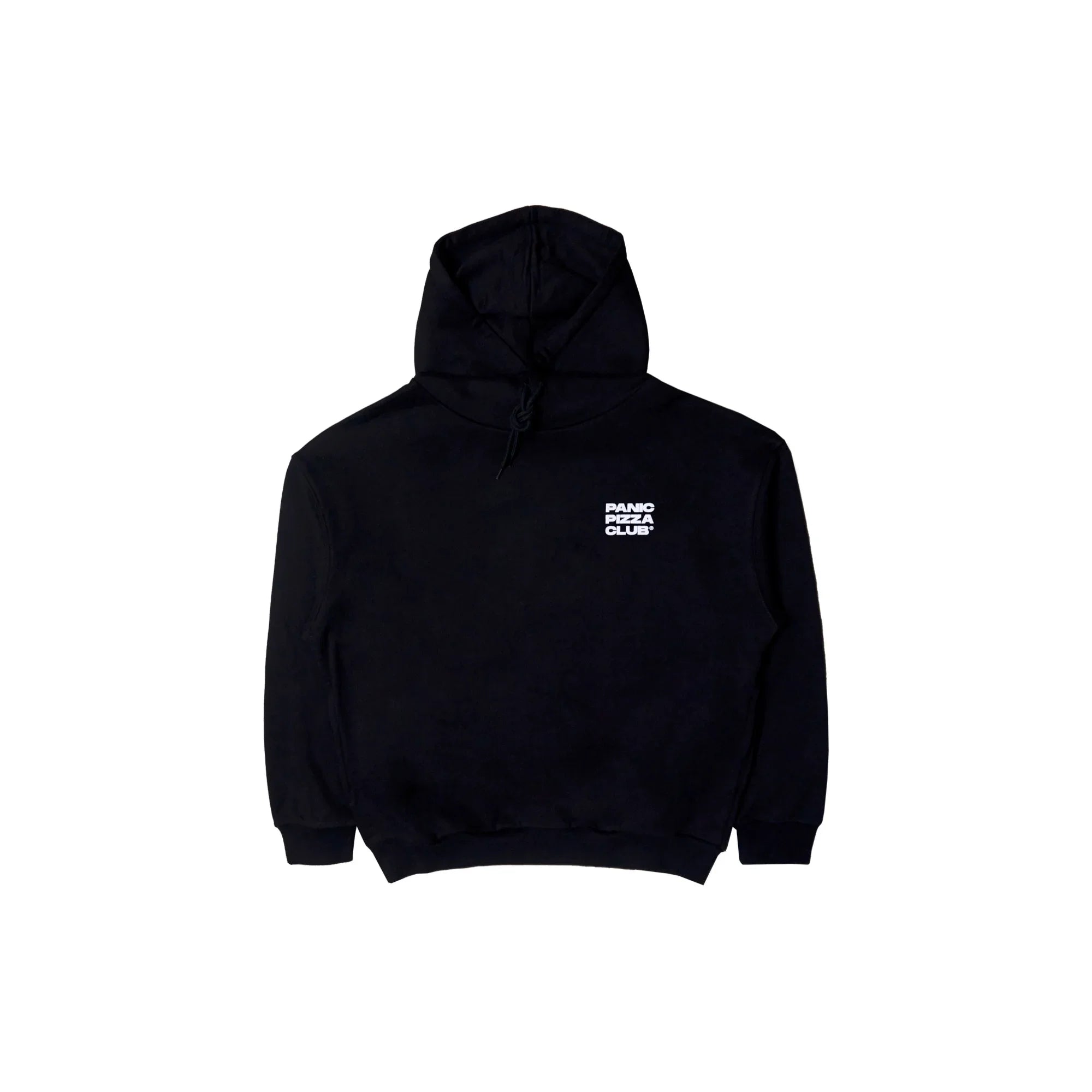 Black hoodie with Panic Pizza Club white logo on left chest, minimalist streetwear apparel