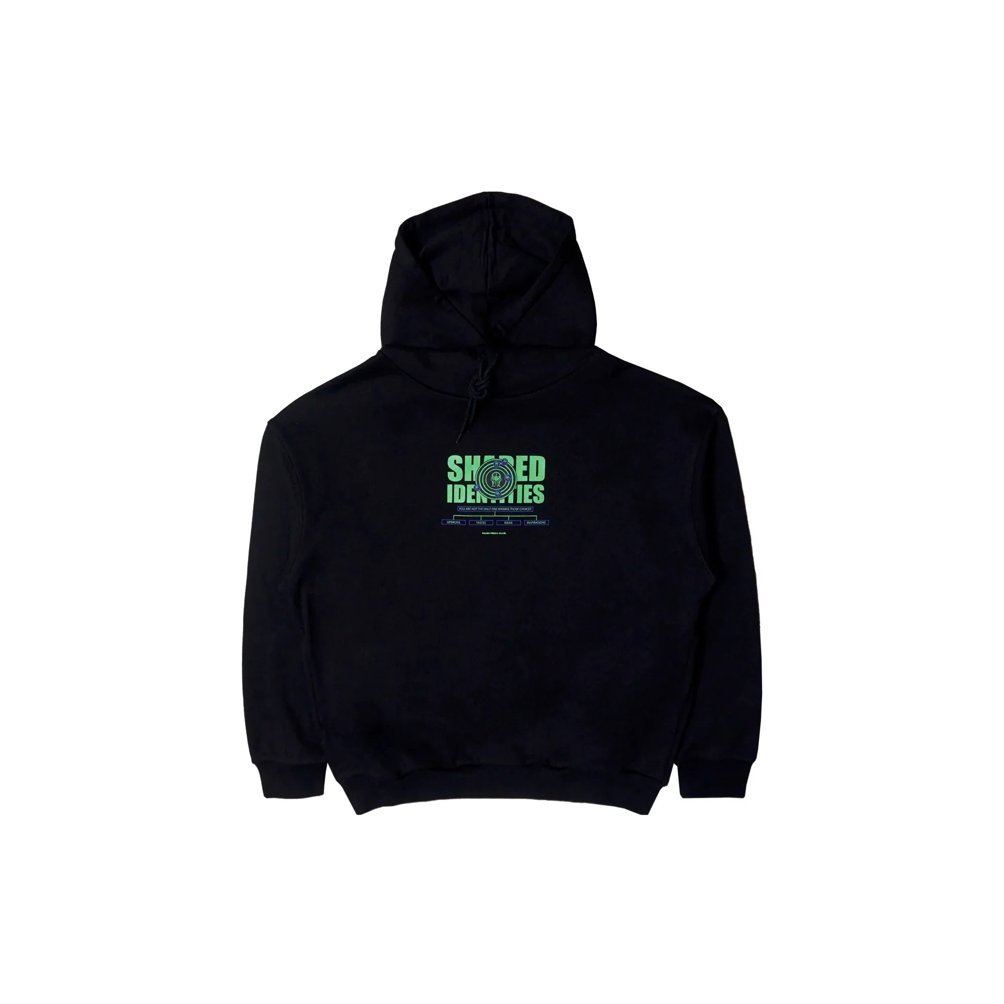 Black hoodie with green and blue 'Shared Identities' graphic and text on front chest