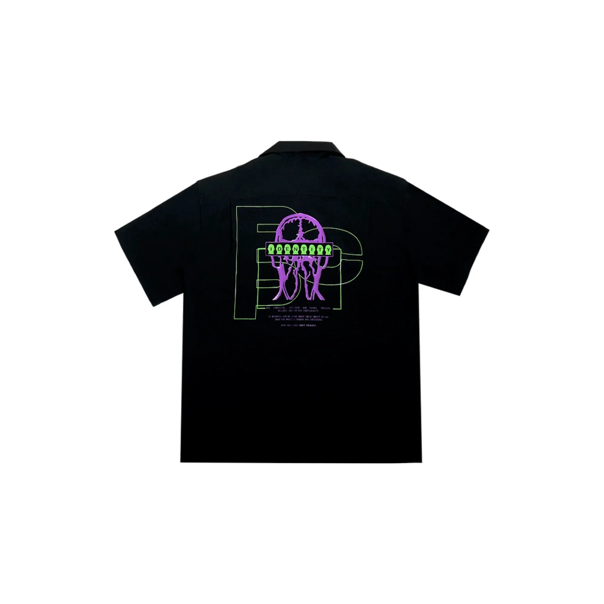 Black short-sleeve shirt with neon green and purple jellyfish graphic and text reading IDENTITY on back