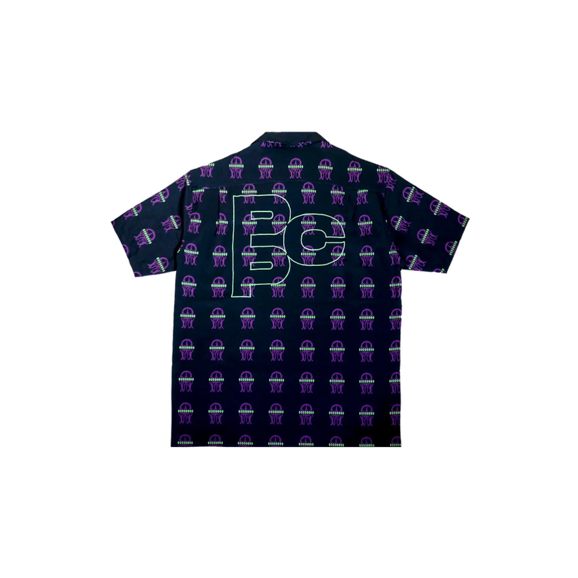 Black short-sleeve button-up shirt with purple and green jellyfish pattern and large outlined Panic! lettering on back
