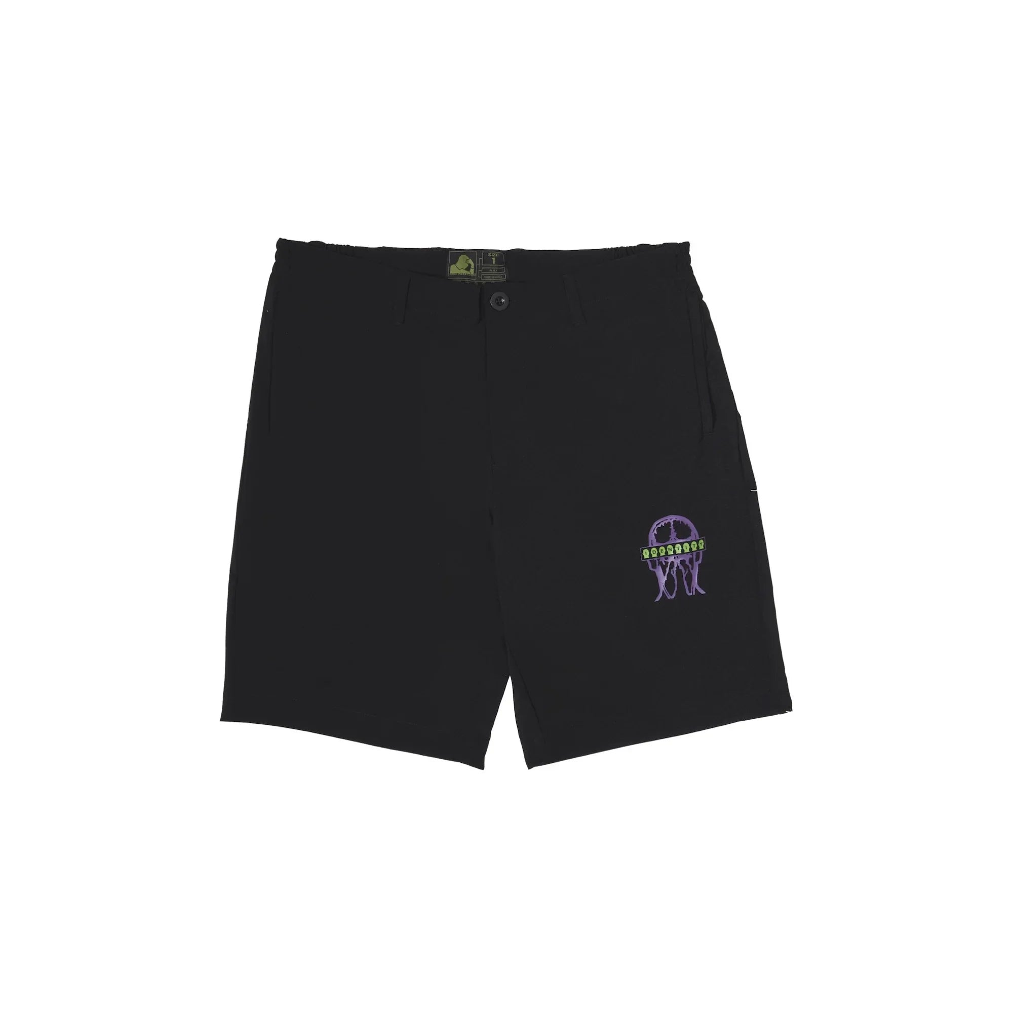 Black men’s shorts with purple jellyfish and green graphic print on front