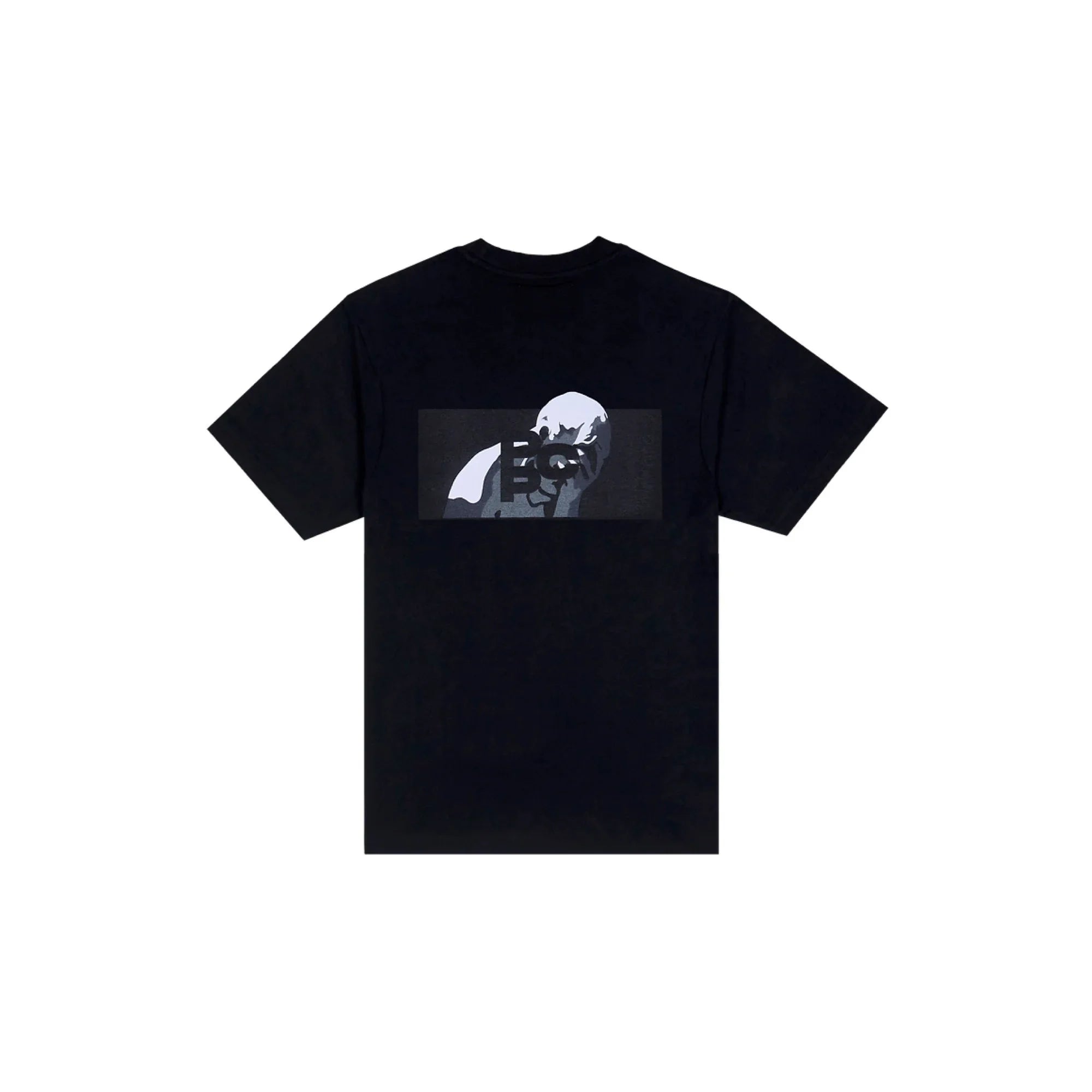 Black T-shirt with a monochrome statue print and abstract text design on the back