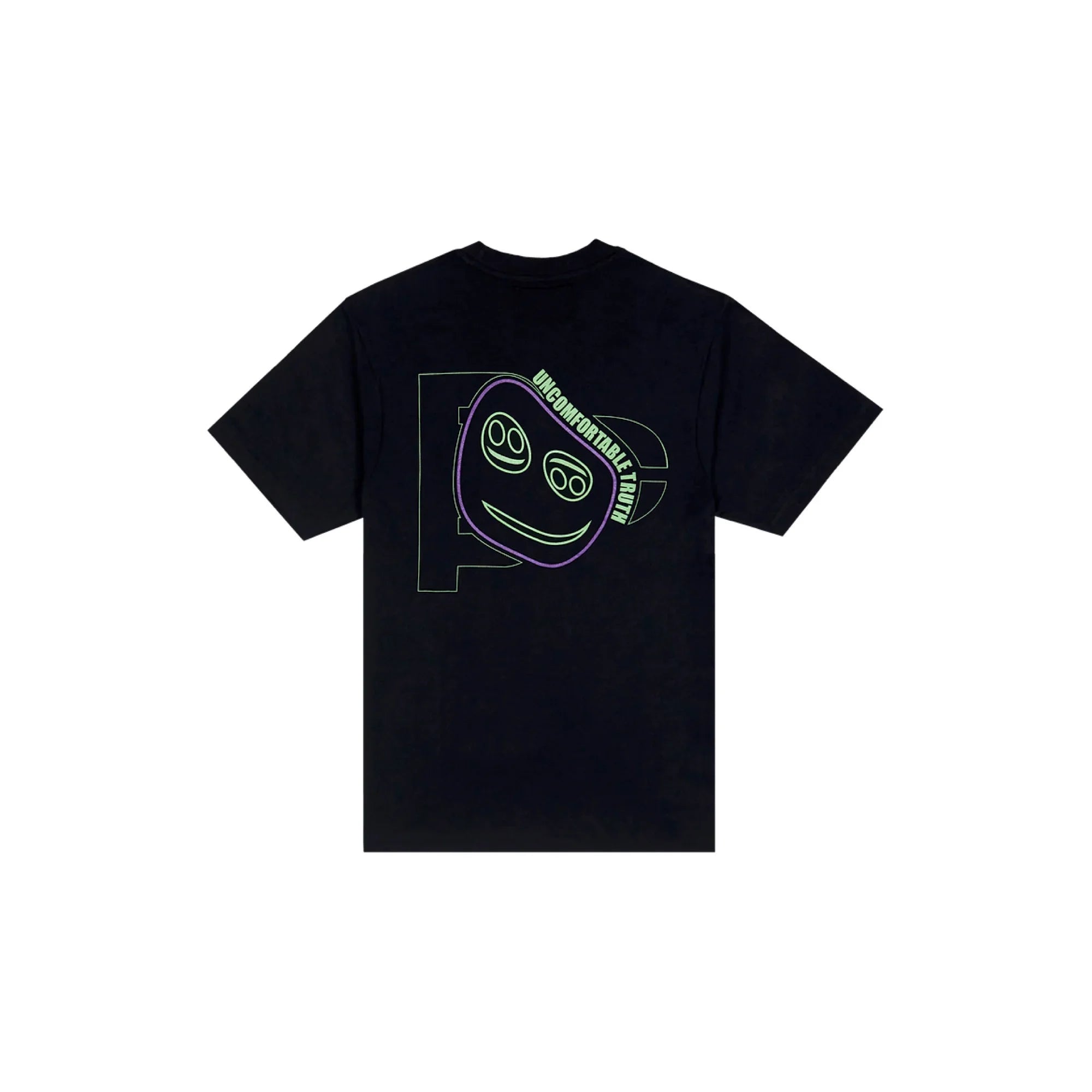 Black t-shirt with neon green and purple outline of smiley face and text 'Uncomfortable Truth'