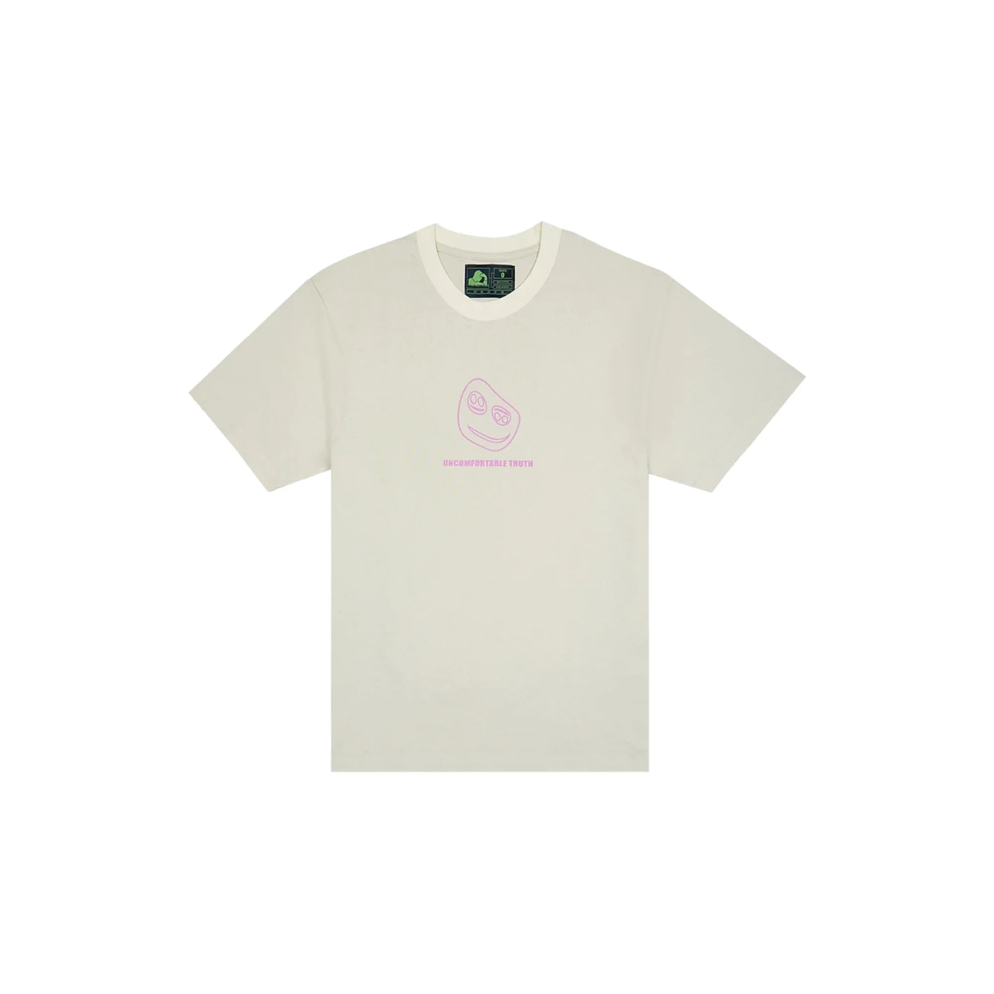 Off-white t-shirt with pink smiley face and text 'Uncomfortable Truth' graphic design