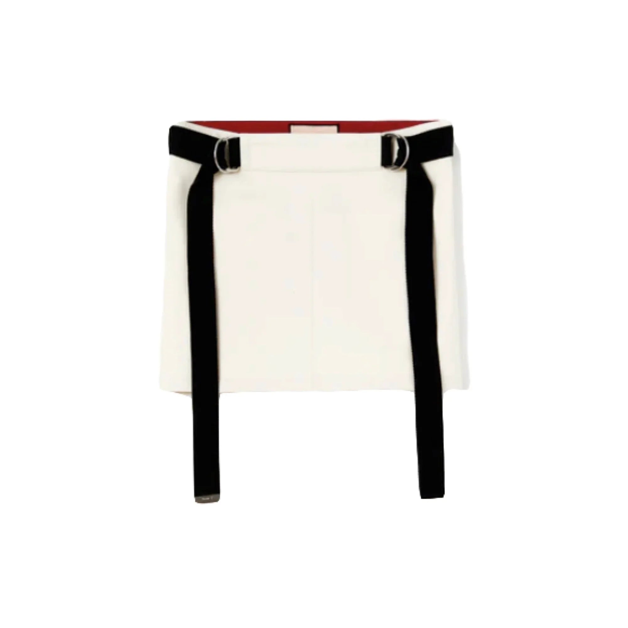 White mini skirt with black belted straps and red inner lining on plain background