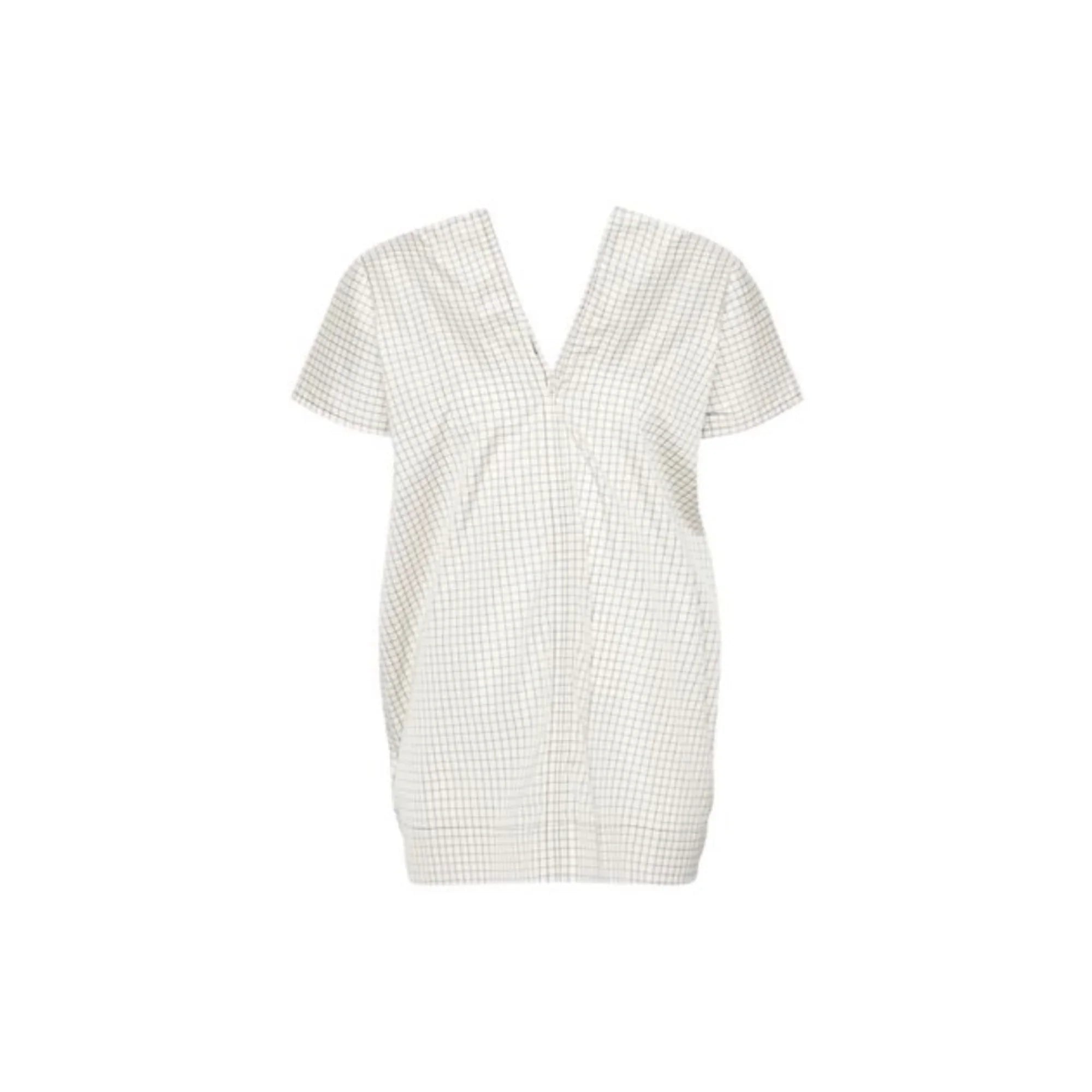 White short-sleeve V-neck top with light gray checkered pattern isolated on white