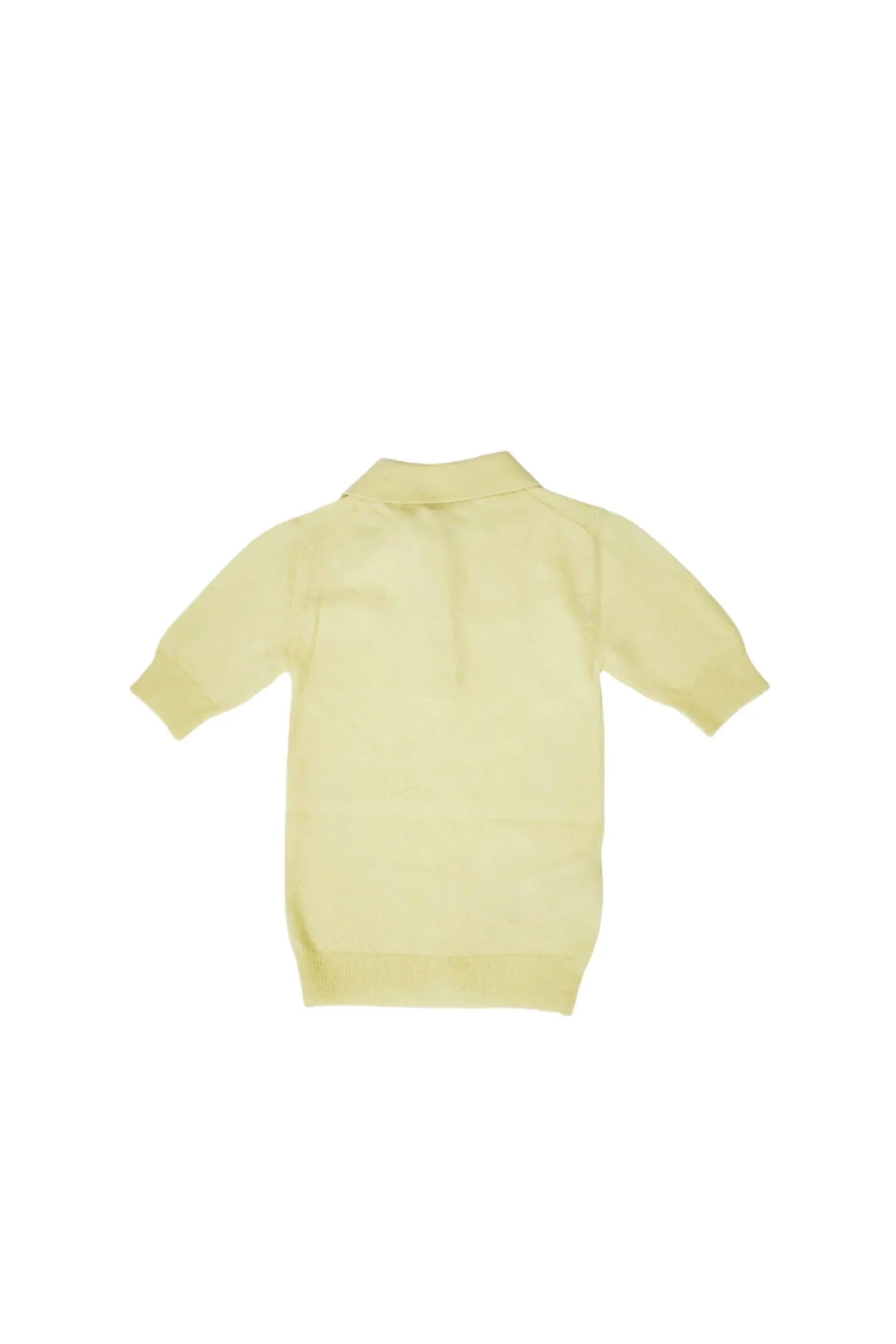 Back view of a pale yellow short sleeve polo shirt with ribbed cuffs and hem on white background