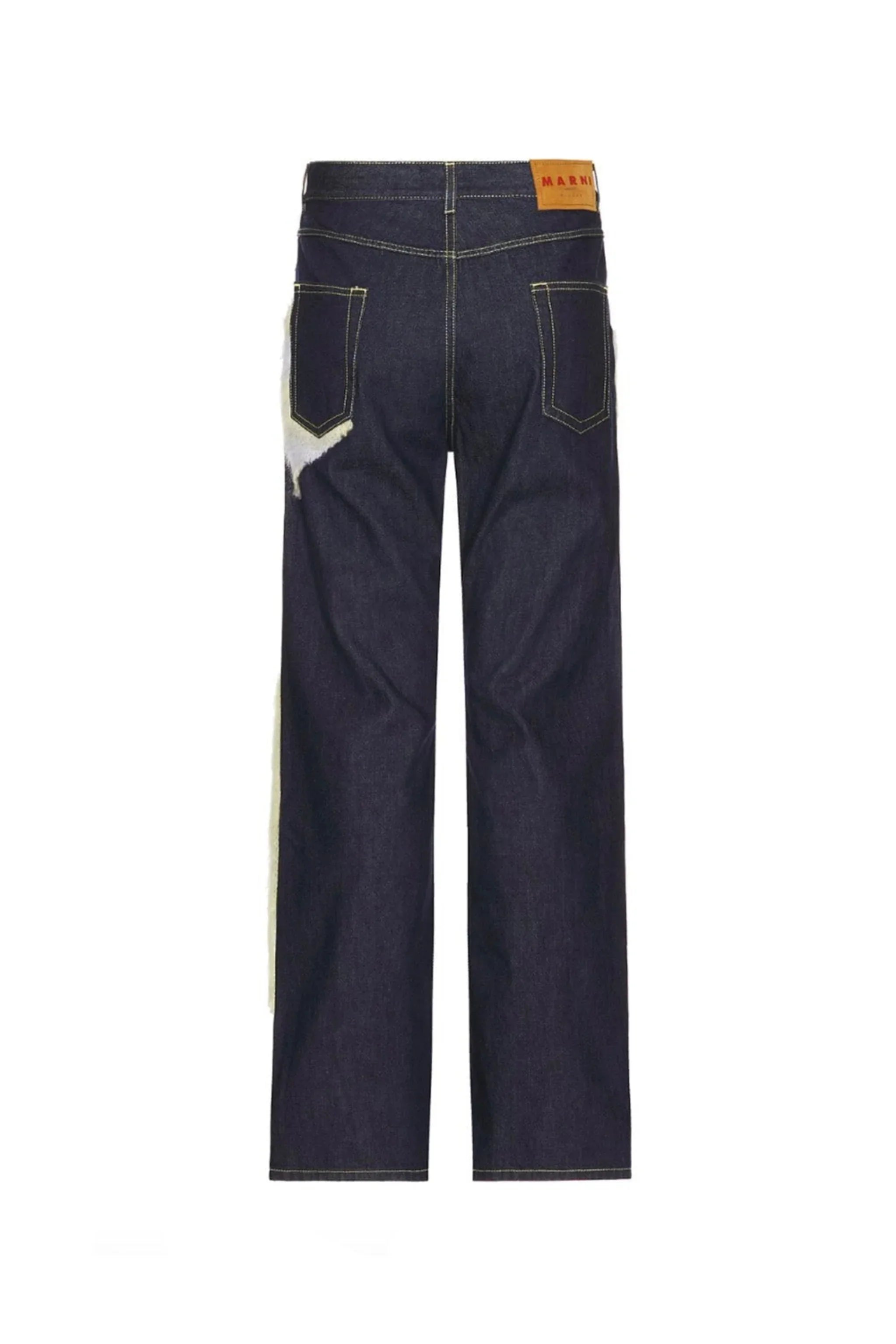 Back view of dark blue denim jeans with contrast stitching and a brown Marni leather patch