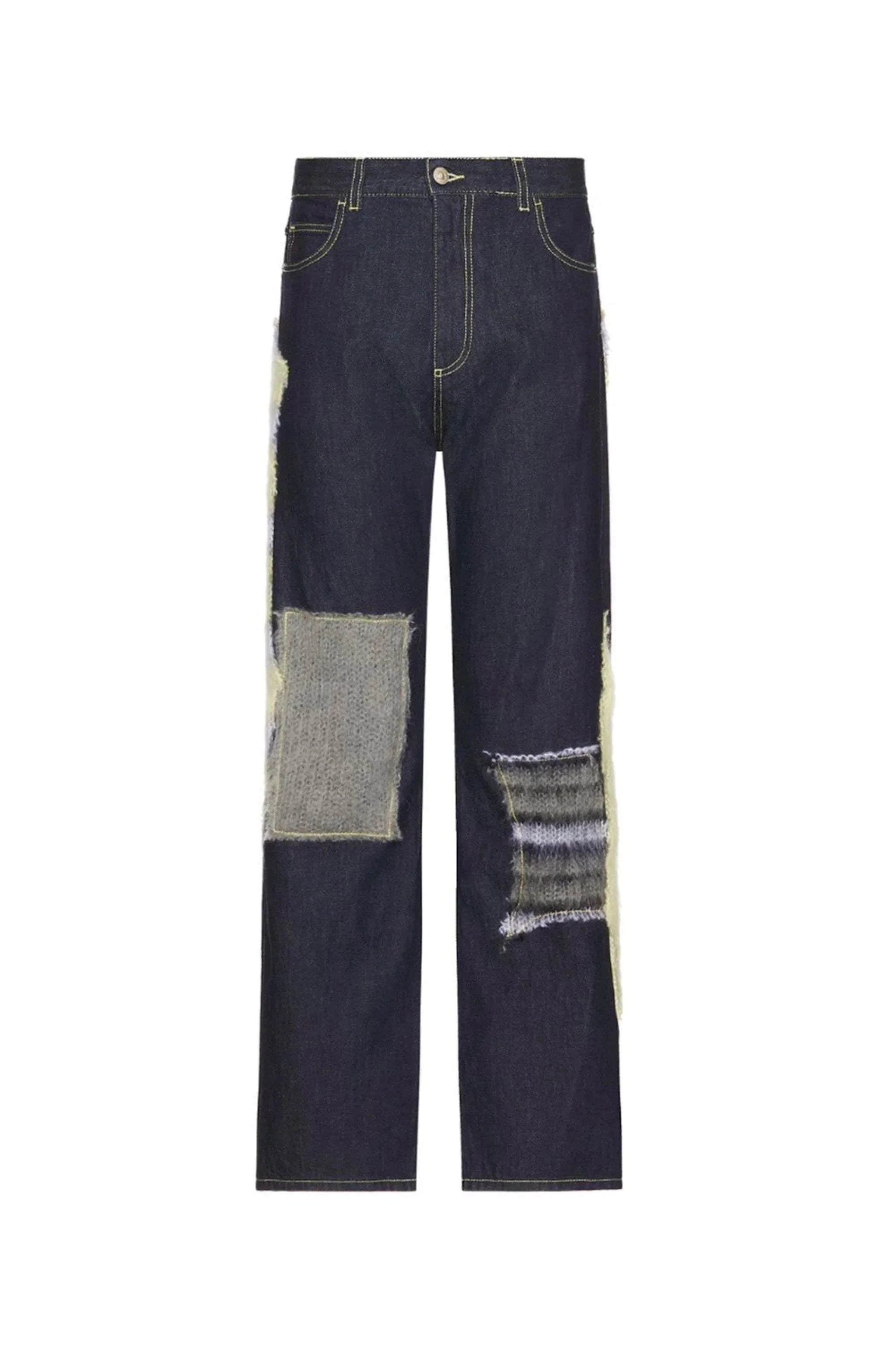 Dark blue denim jeans with oversized beige and gray knit patches on front legs, straight cut