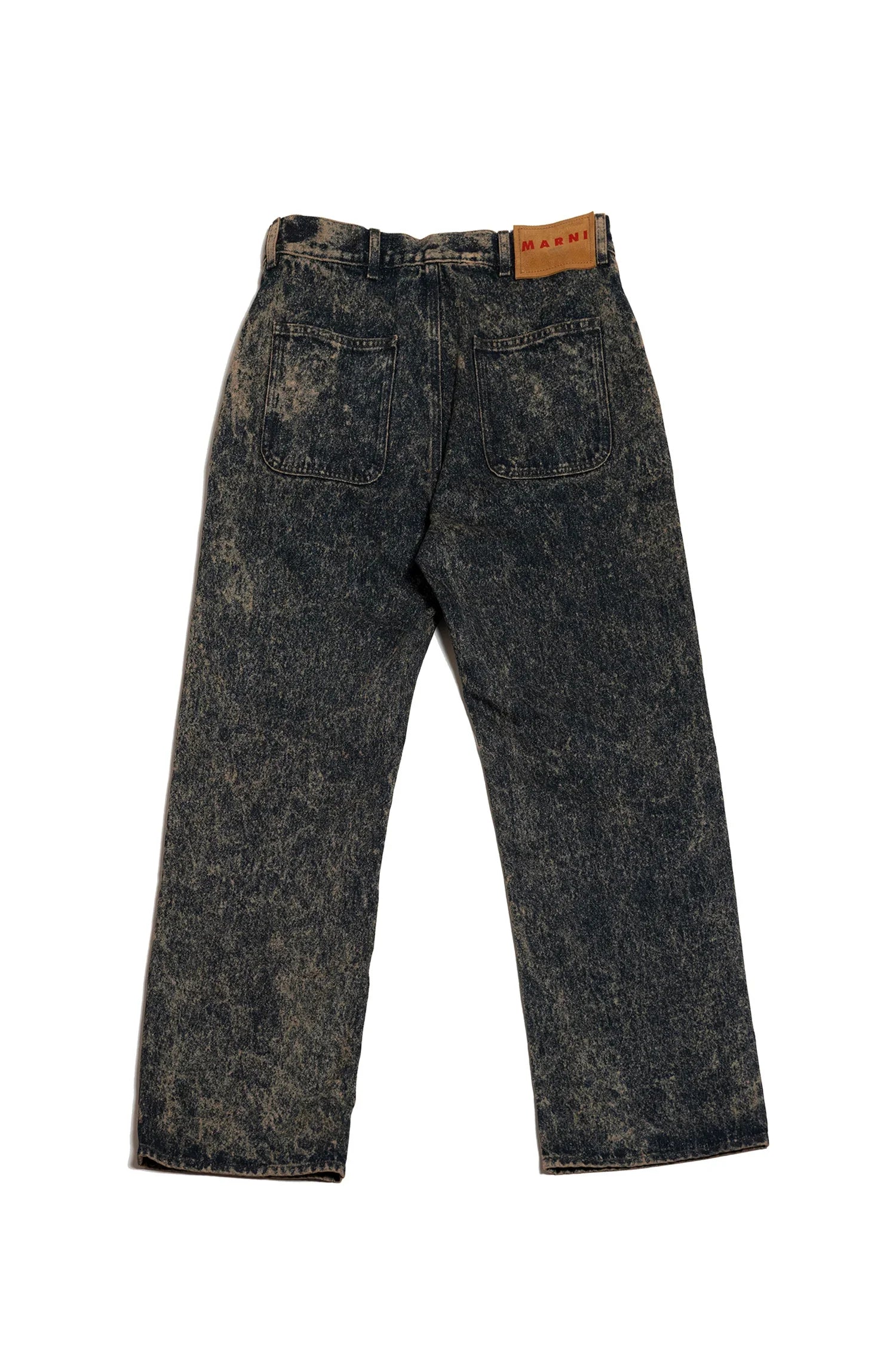 Back view of black acid wash denim jeans with two pockets and Marni leather patch