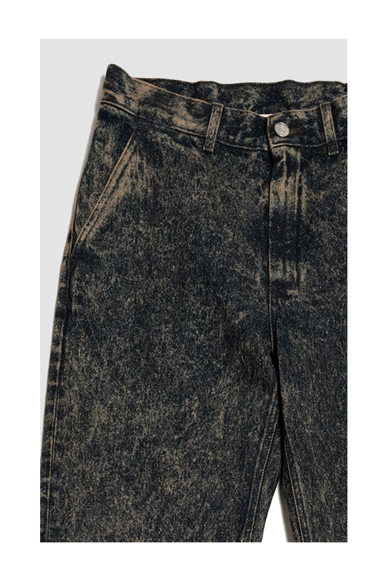 Close-up of black acid-wash jeans with front pockets and metal button closure