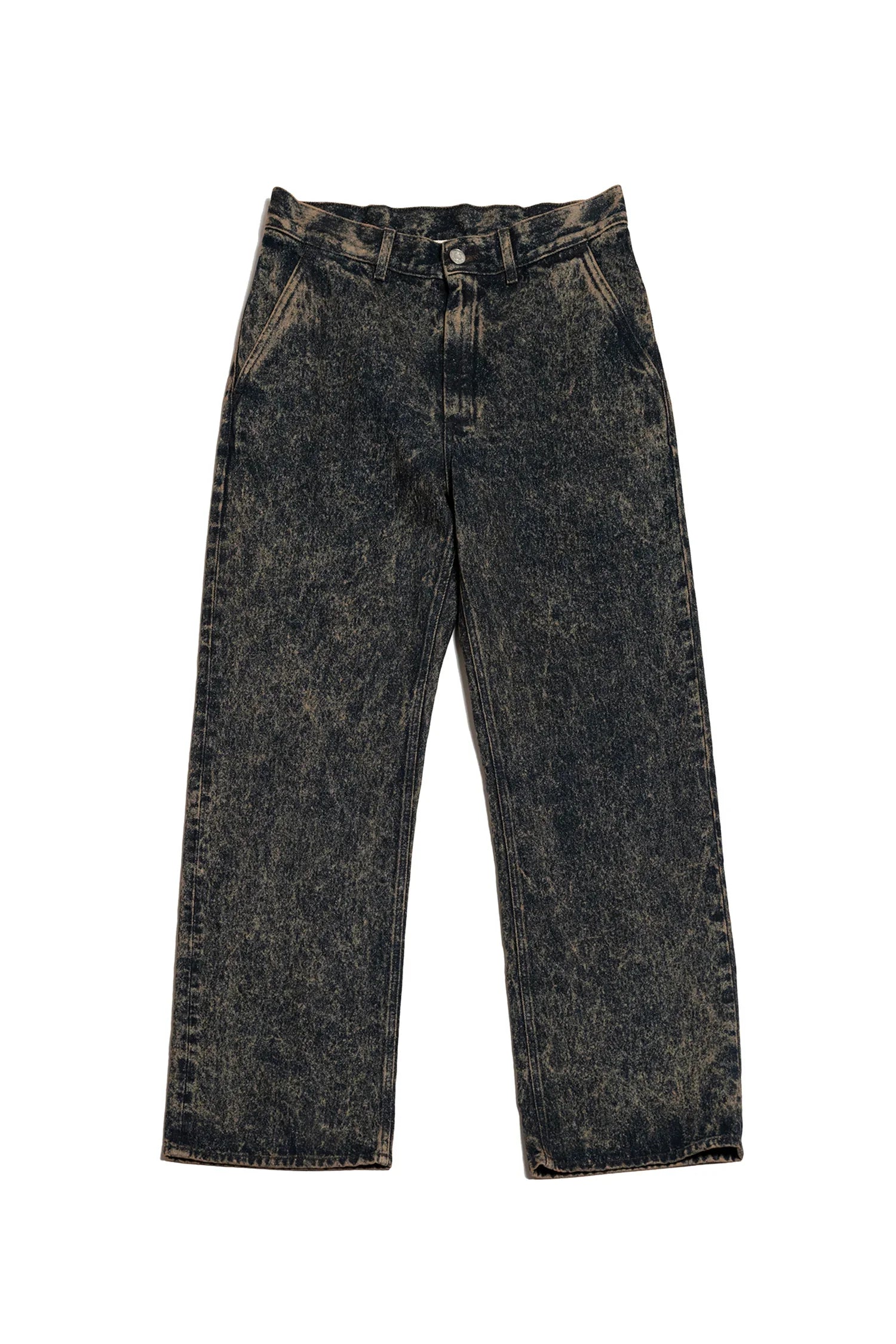 Acid wash black denim jeans with straight legs and front pockets on white background