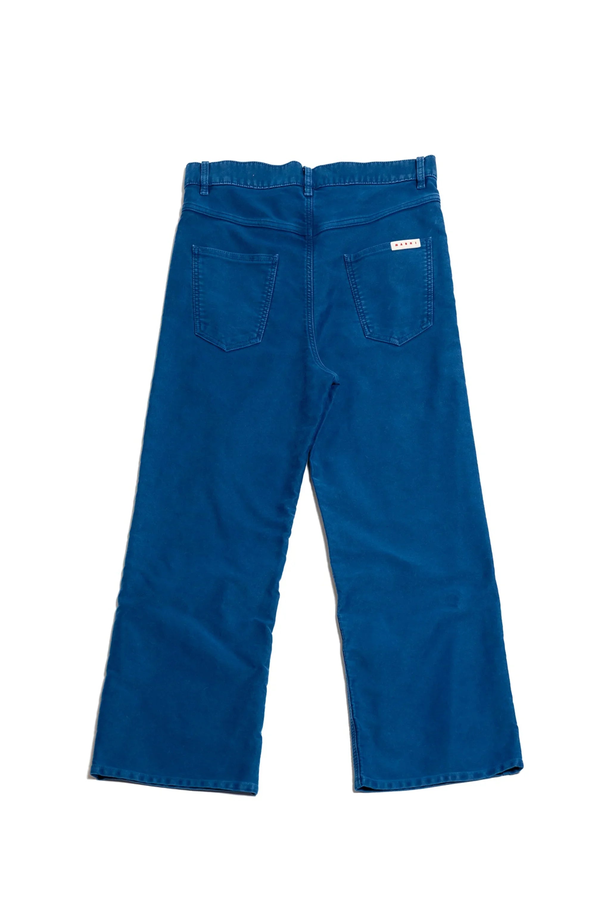 Back view of blue wide-leg pants with two rear pockets on white background