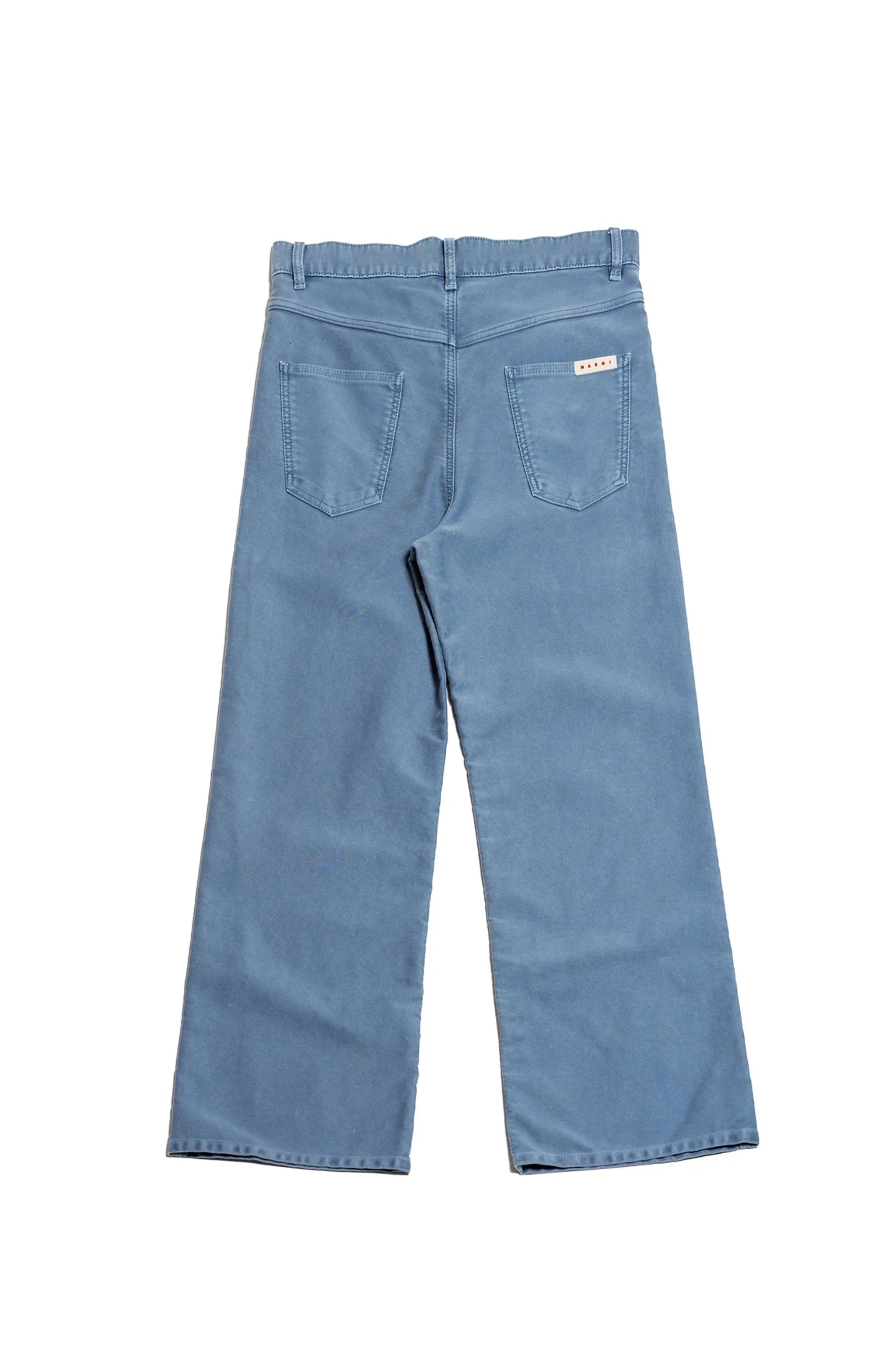 Back view of light blue wide-leg pants with two rear pockets and belt loops