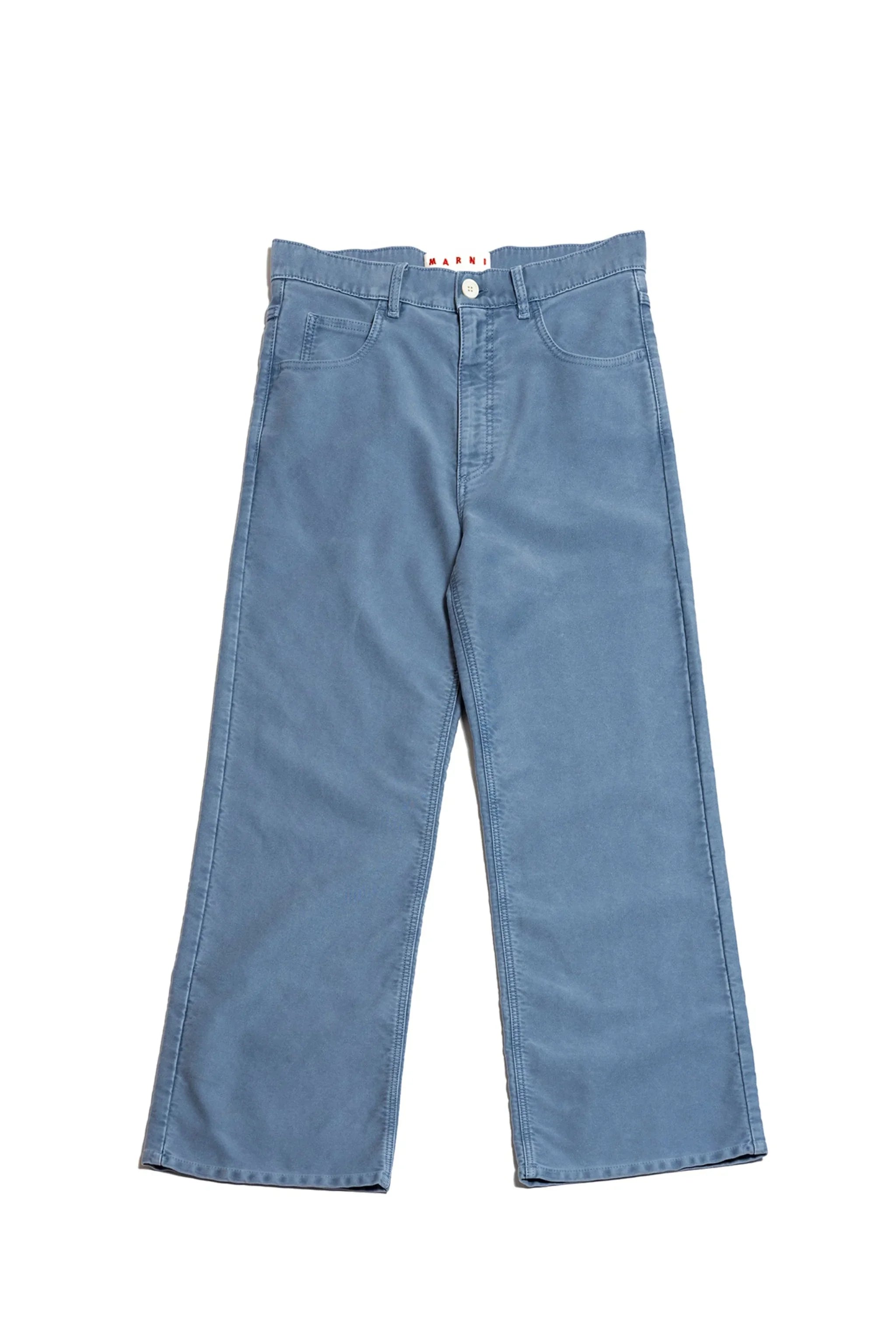 Light blue cotton wide-leg pants with front pockets and button closure