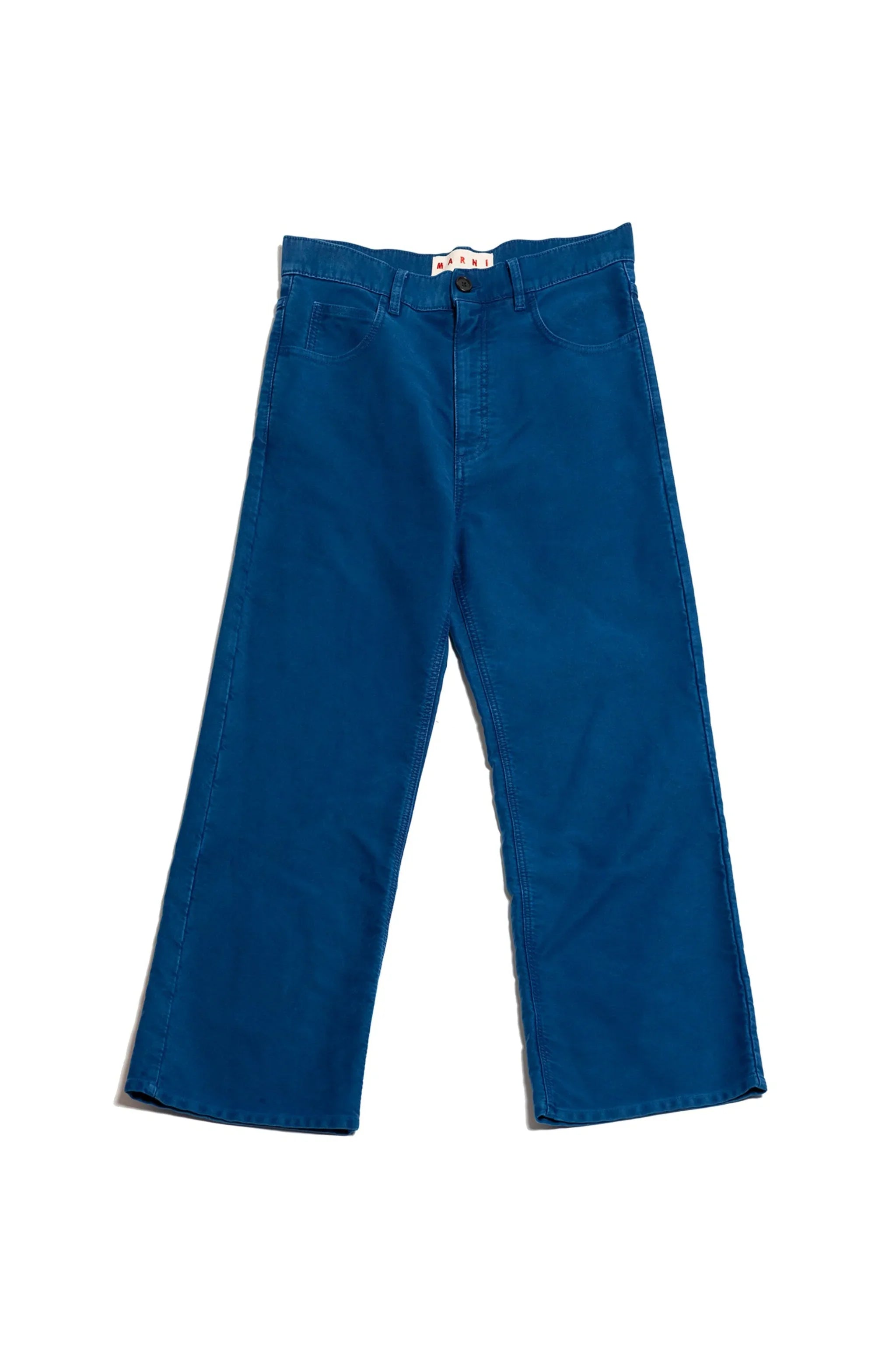 Blue wide-leg pants with button closure and front pockets on white background