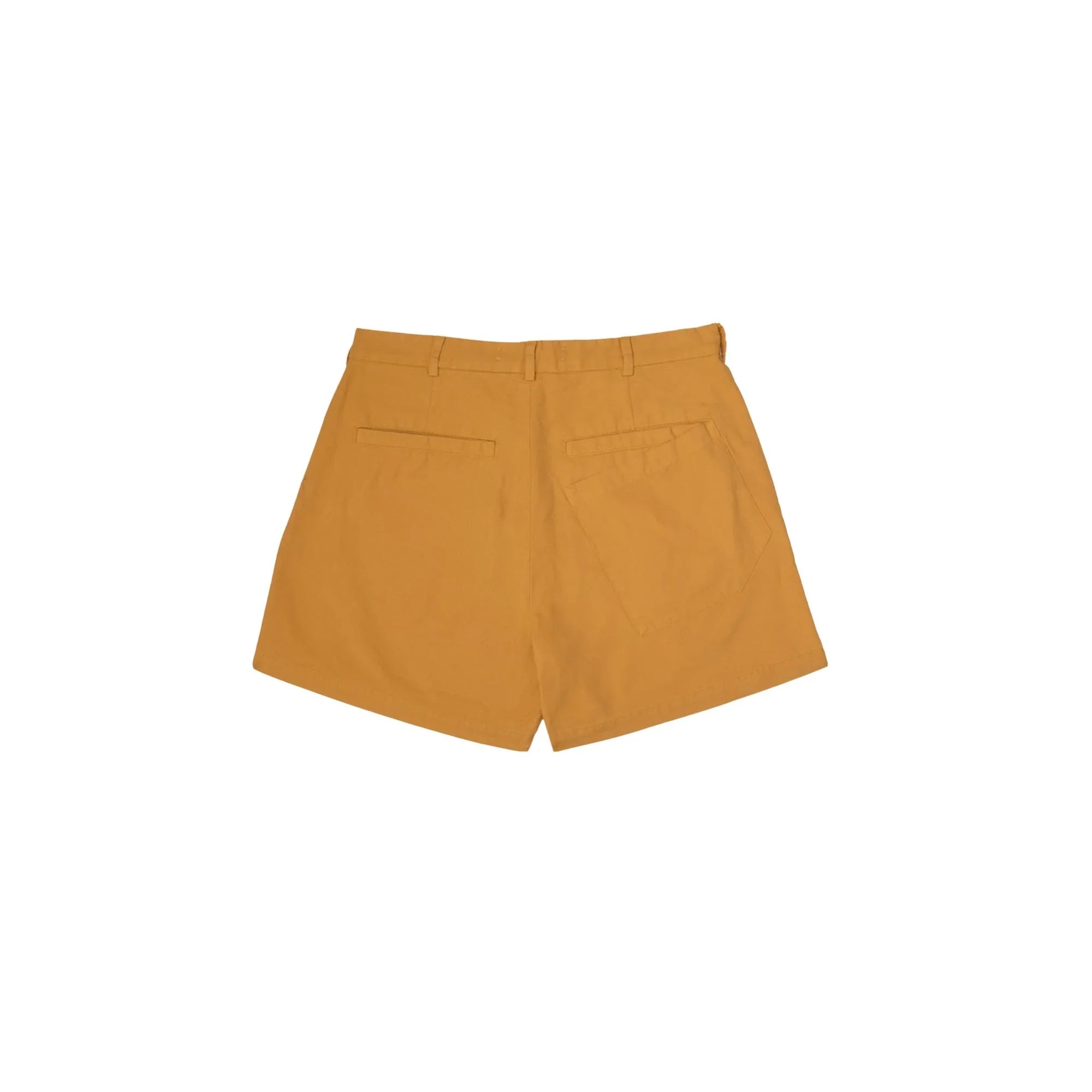 Back view of mustard yellow casual shorts with belt loops and pockets