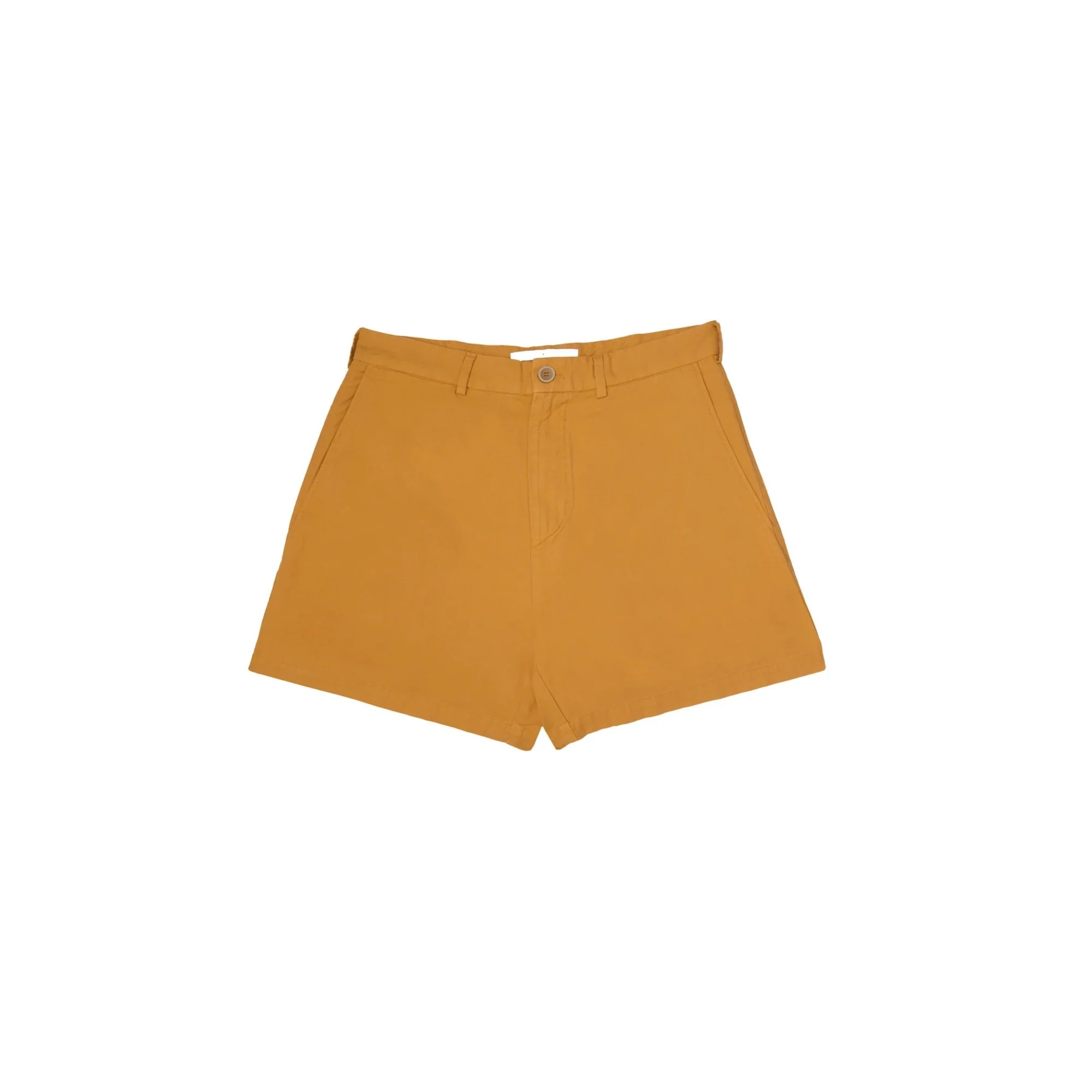 Mustard yellow high-waisted shorts with belt loops and front pockets on white background