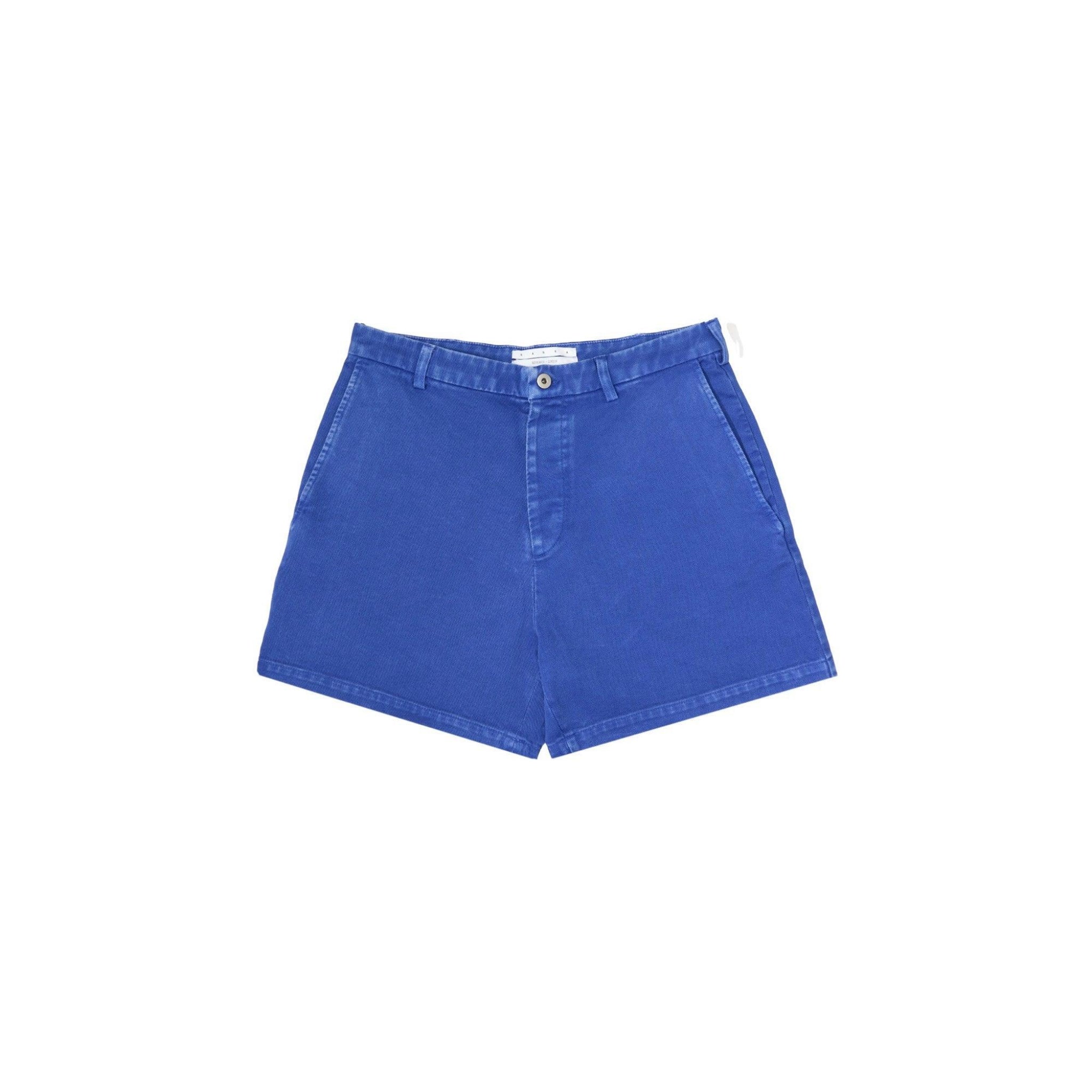 blue cotton shorts with front button and side pockets on white background