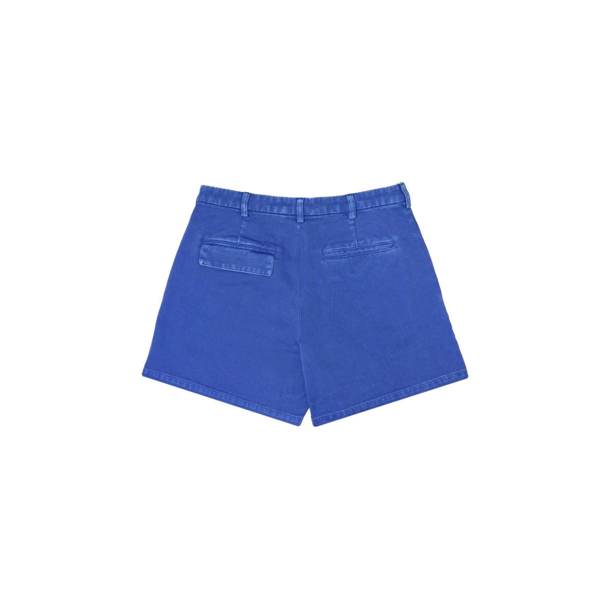 Blue cotton shorts with back flap and slit pockets isolated on white background