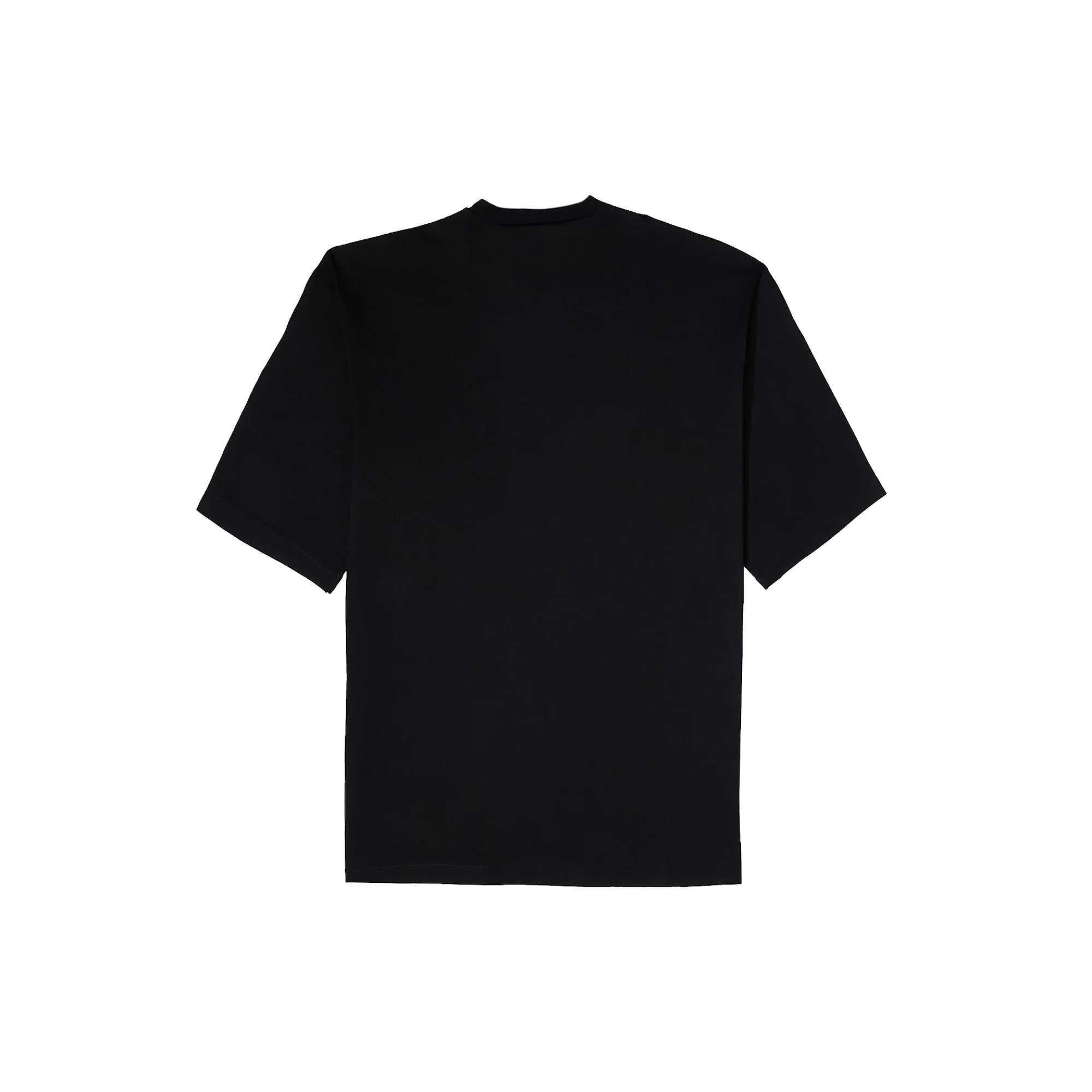 Plain black short-sleeve crew neck t-shirt back view on white background