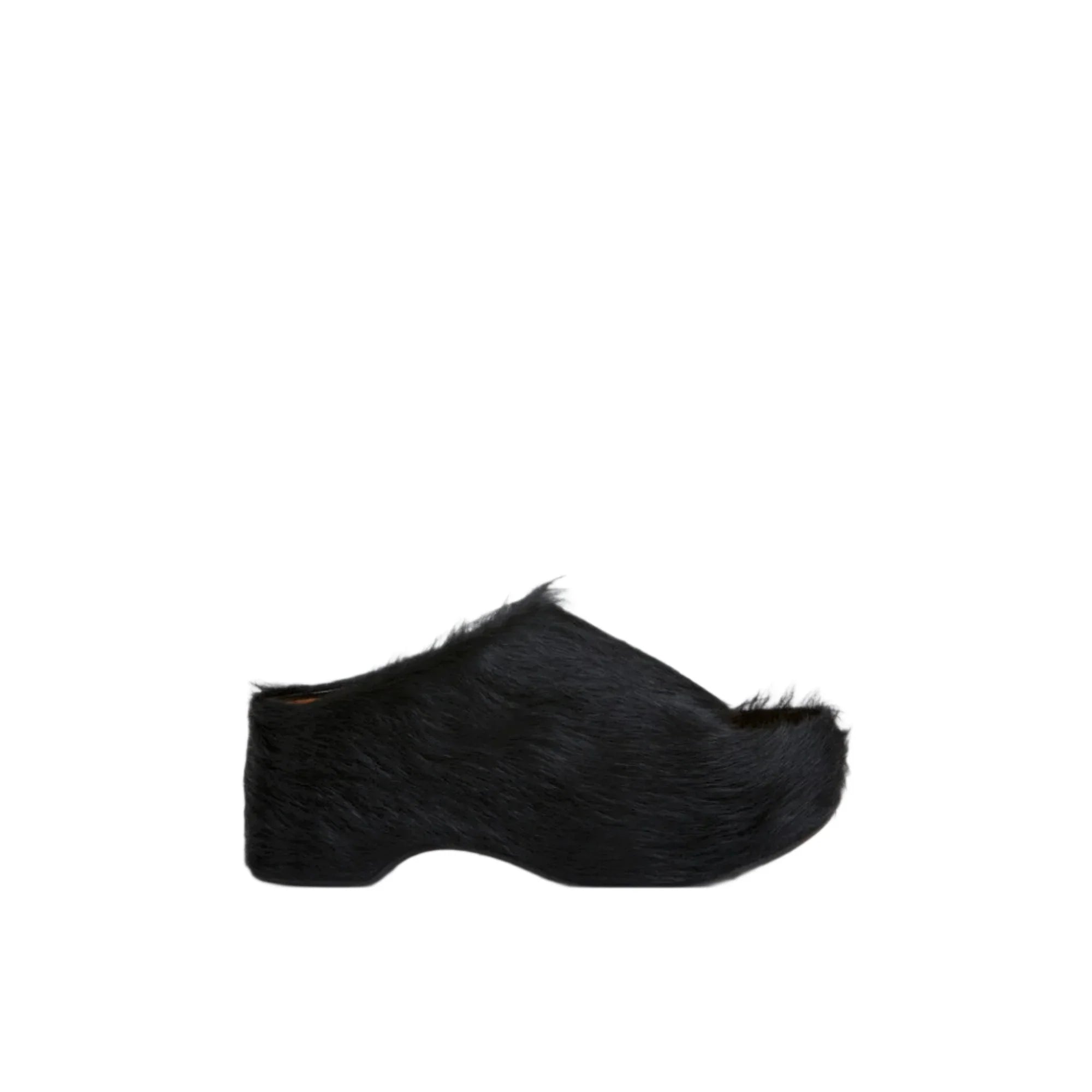 Black furry mule shoe with a block heel on white background