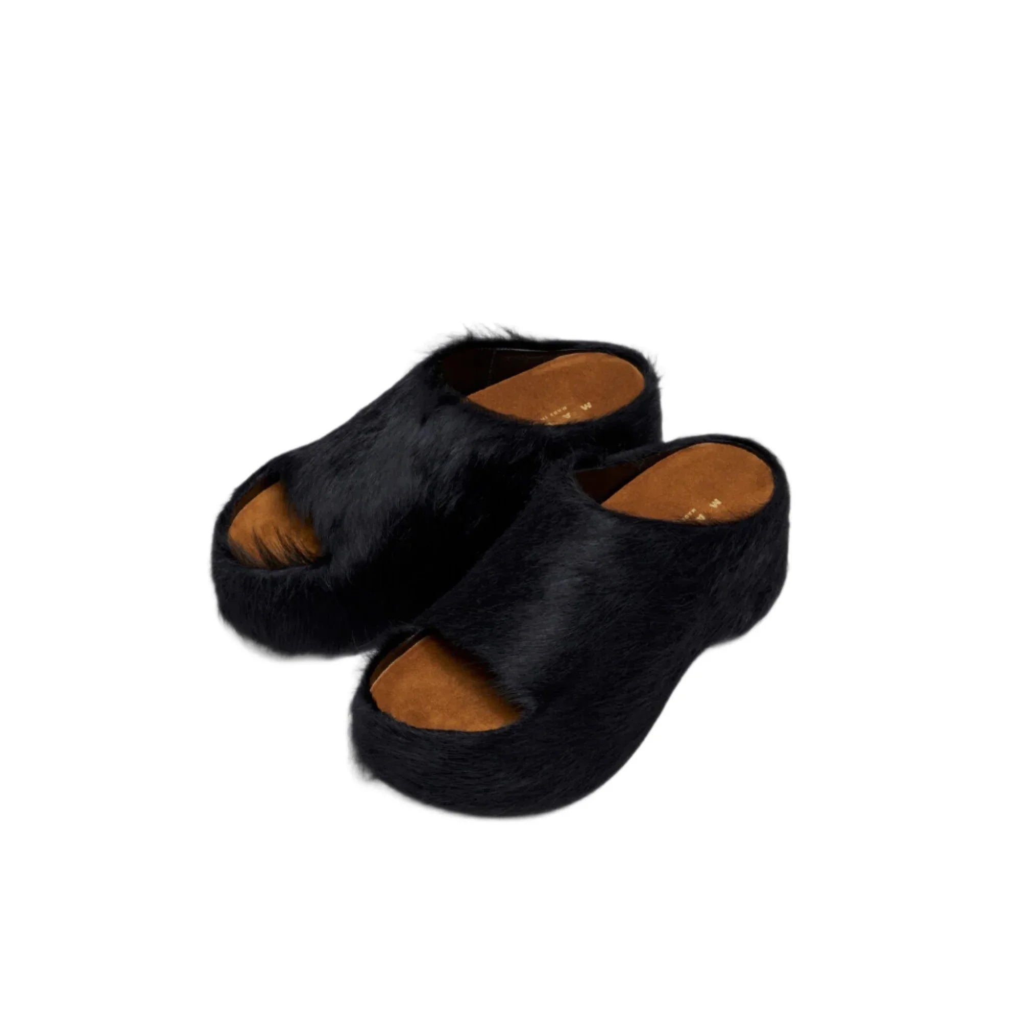 Black furry platform open-toe slip-on shoes with brown insoles on white background