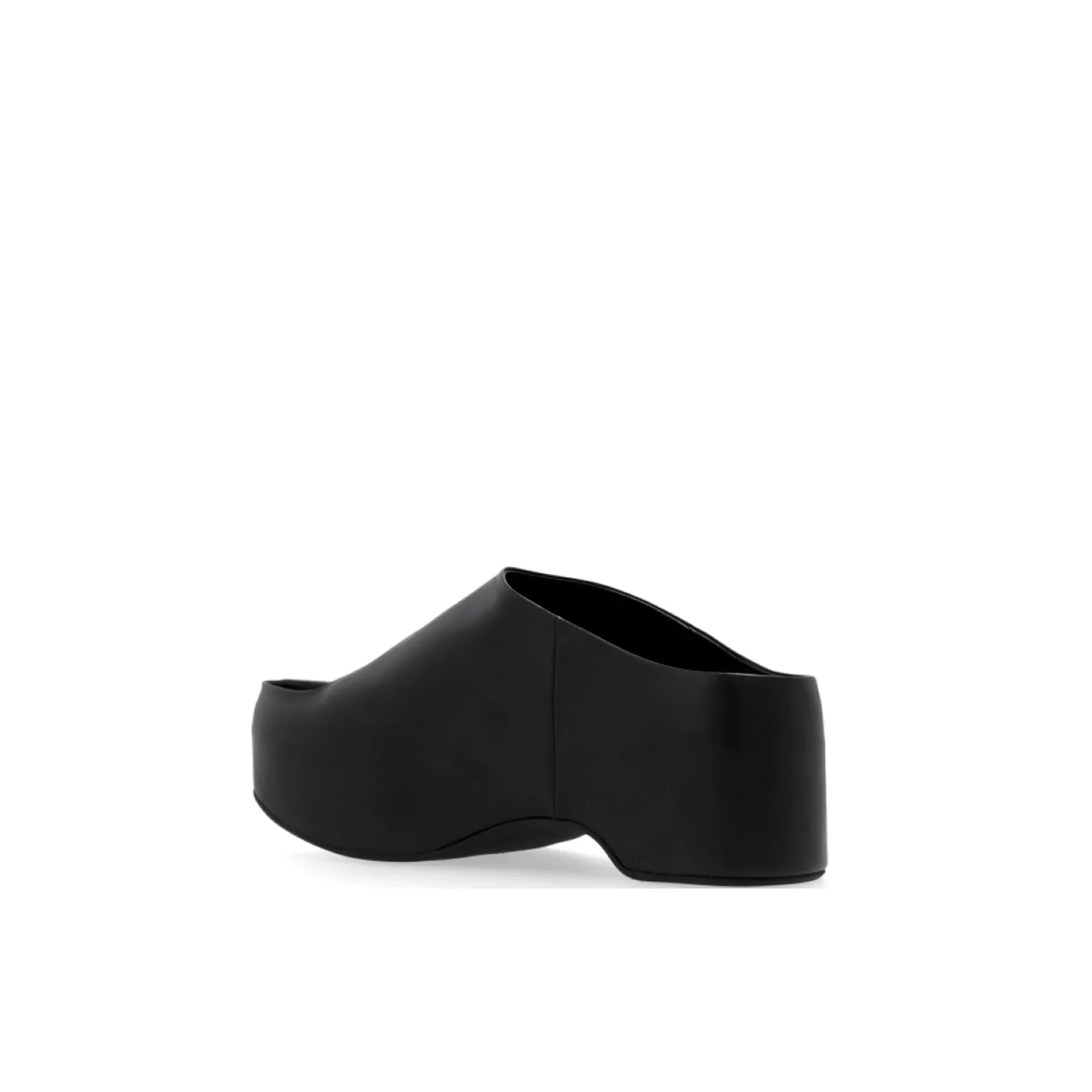 Minimalist black leather slip-on mule shoe with block heel on white background