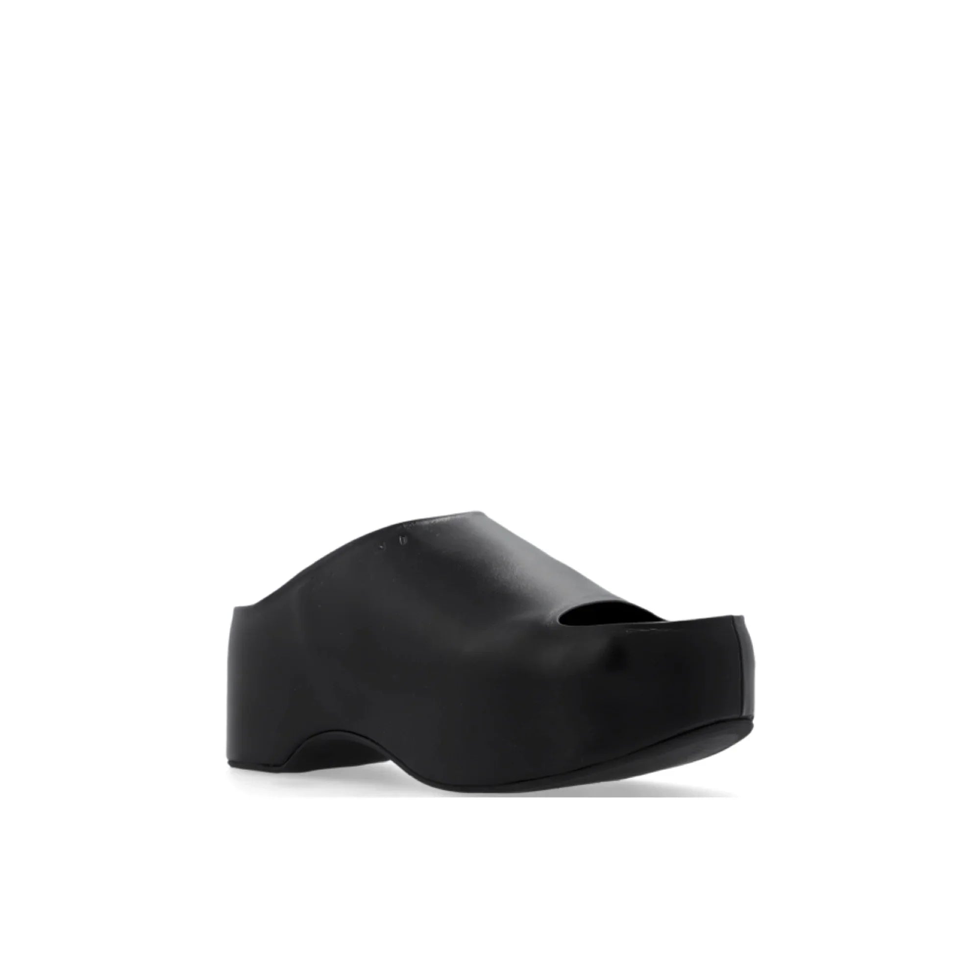 Black platform clog shoe with open toe and smooth matte finish on white background