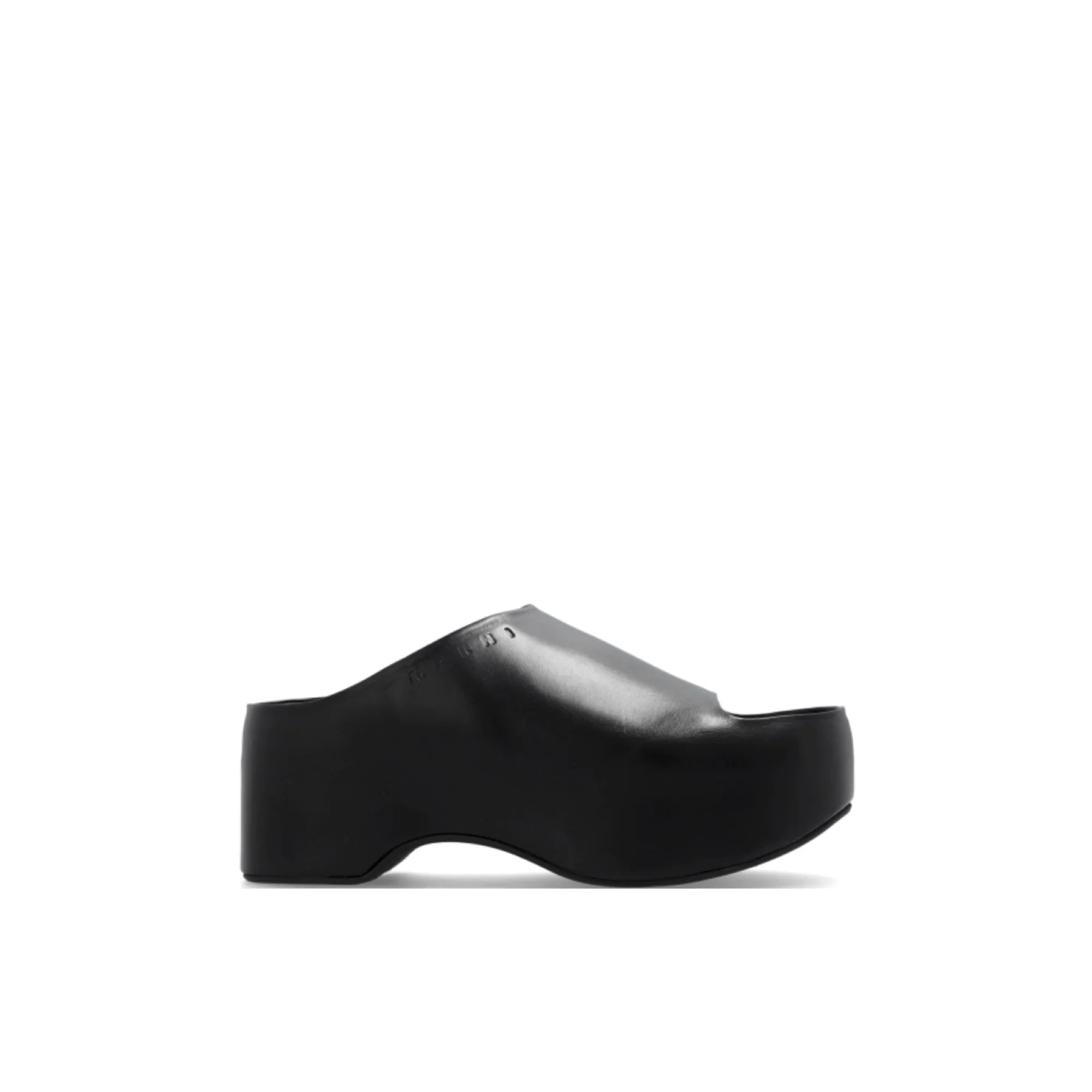 Black platform mule shoe with smooth leather upper and block heel on white background