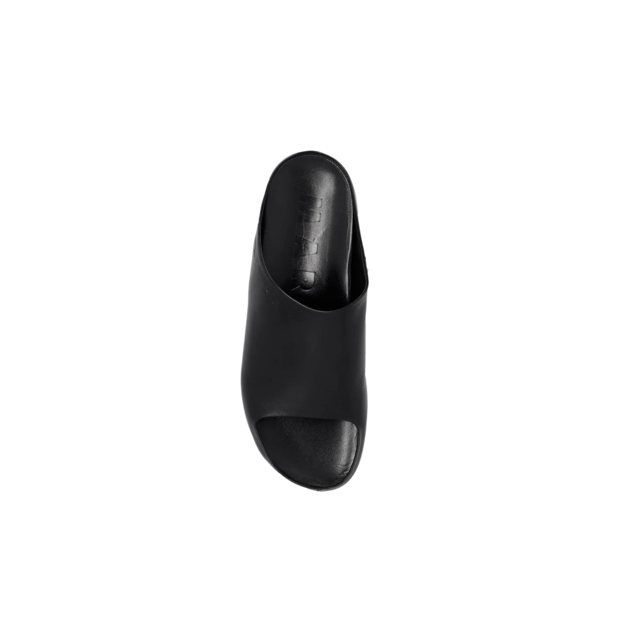 Top view of a black open-toe slide sandal with a smooth finish on white background