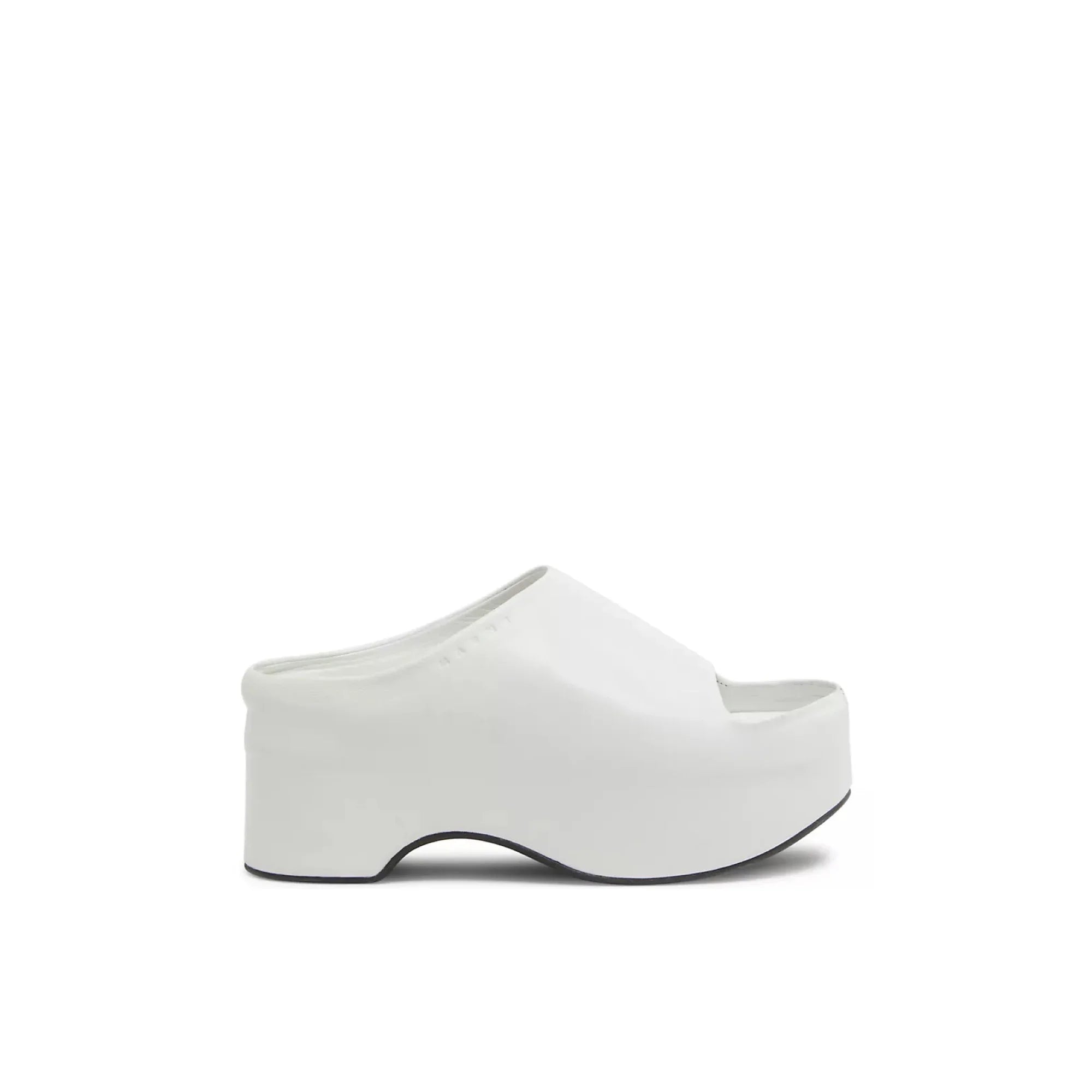 White slip-on platform shoe with open toe and chunky sole on white background