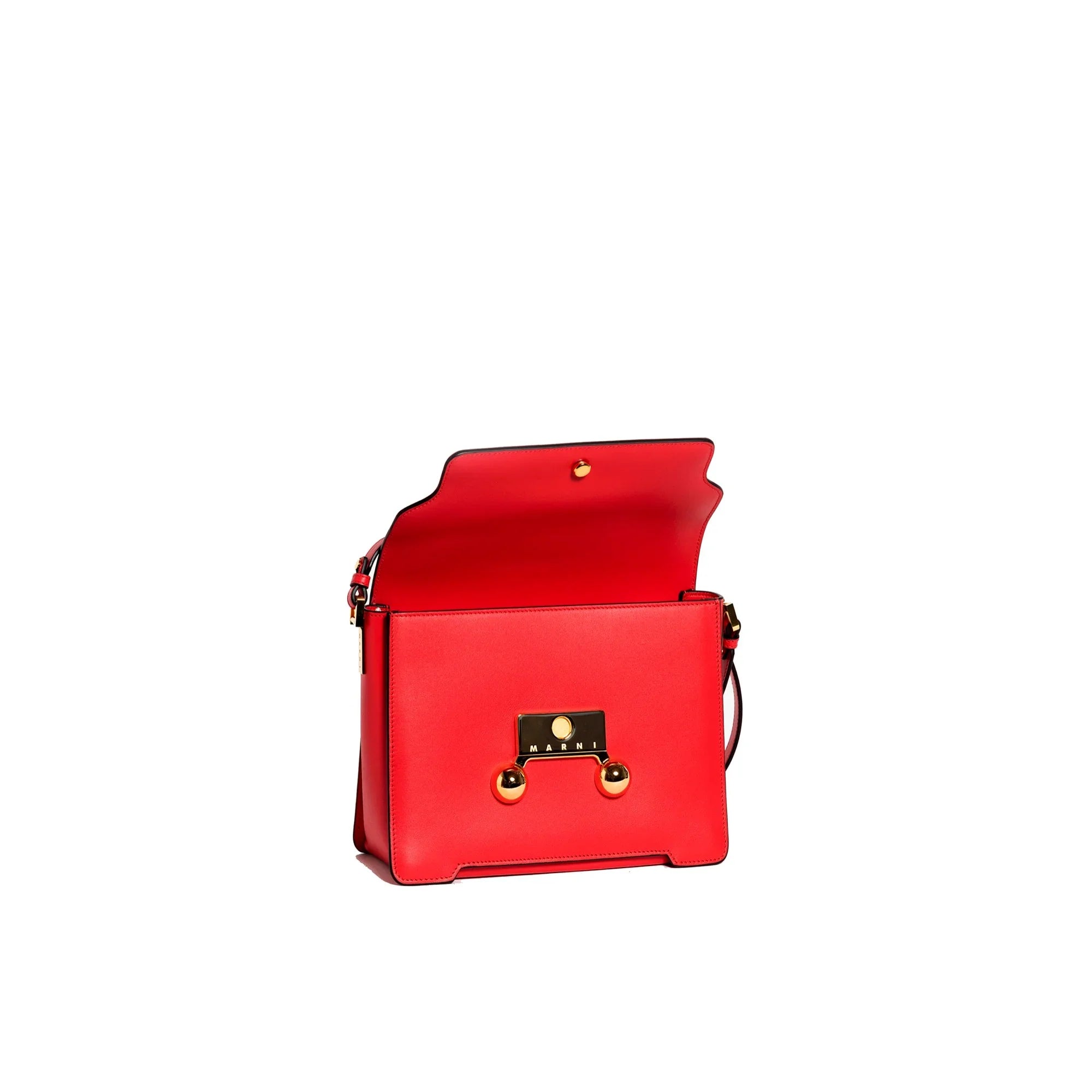 Red Marni leather shoulder bag with gold hardware and open flap against white background