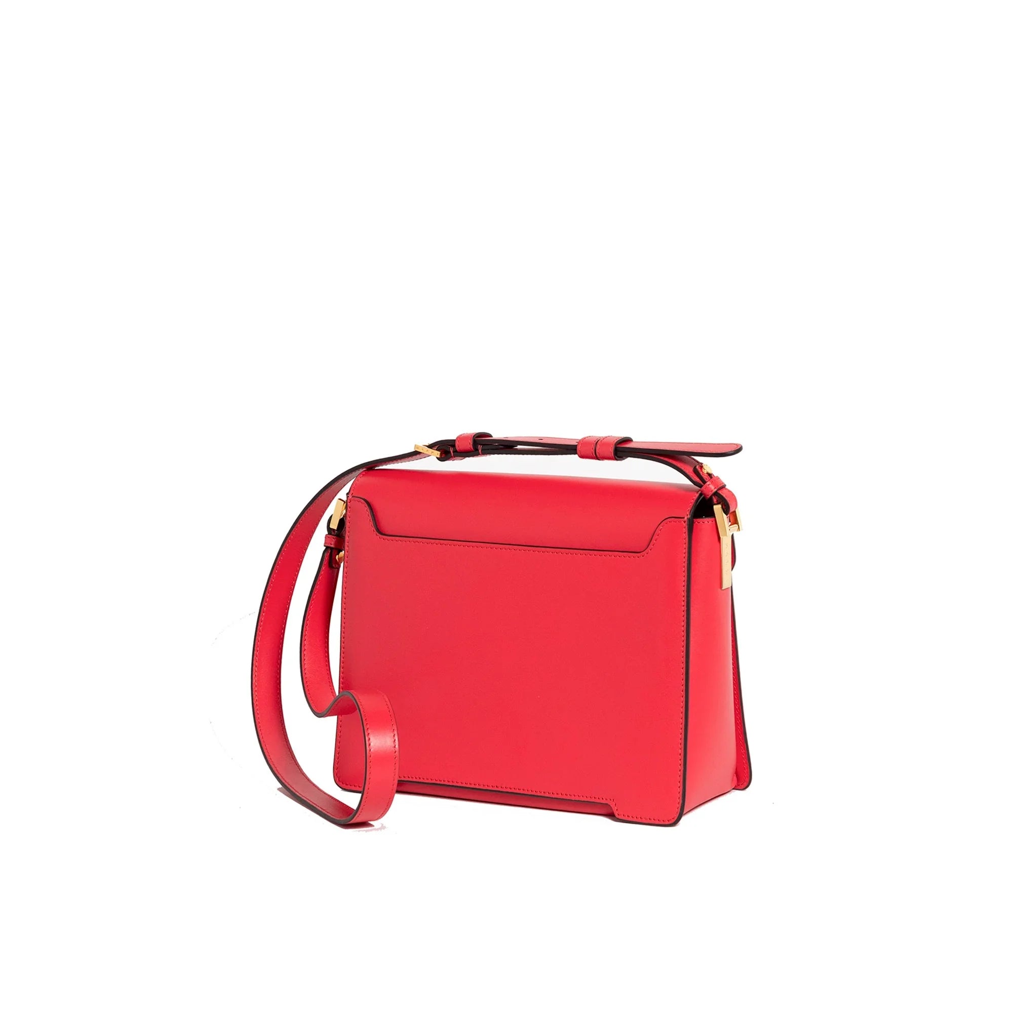 Red leather shoulder bag with adjustable strap and gold-tone hardware on white background