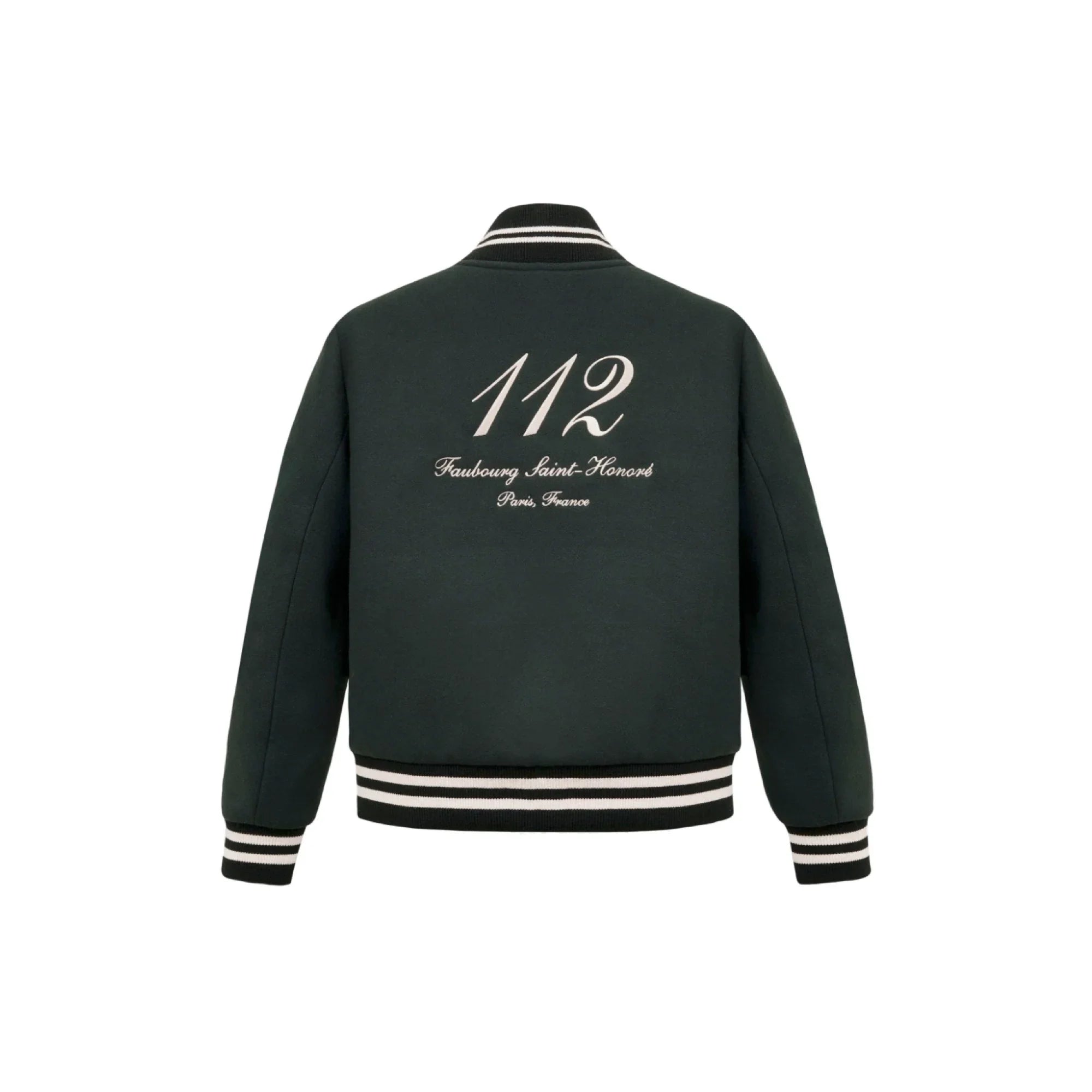 Dark green varsity jacket with white striped cuffs and hem, featuring '112 Faubourg Saint-Honoré Paris France' text on back