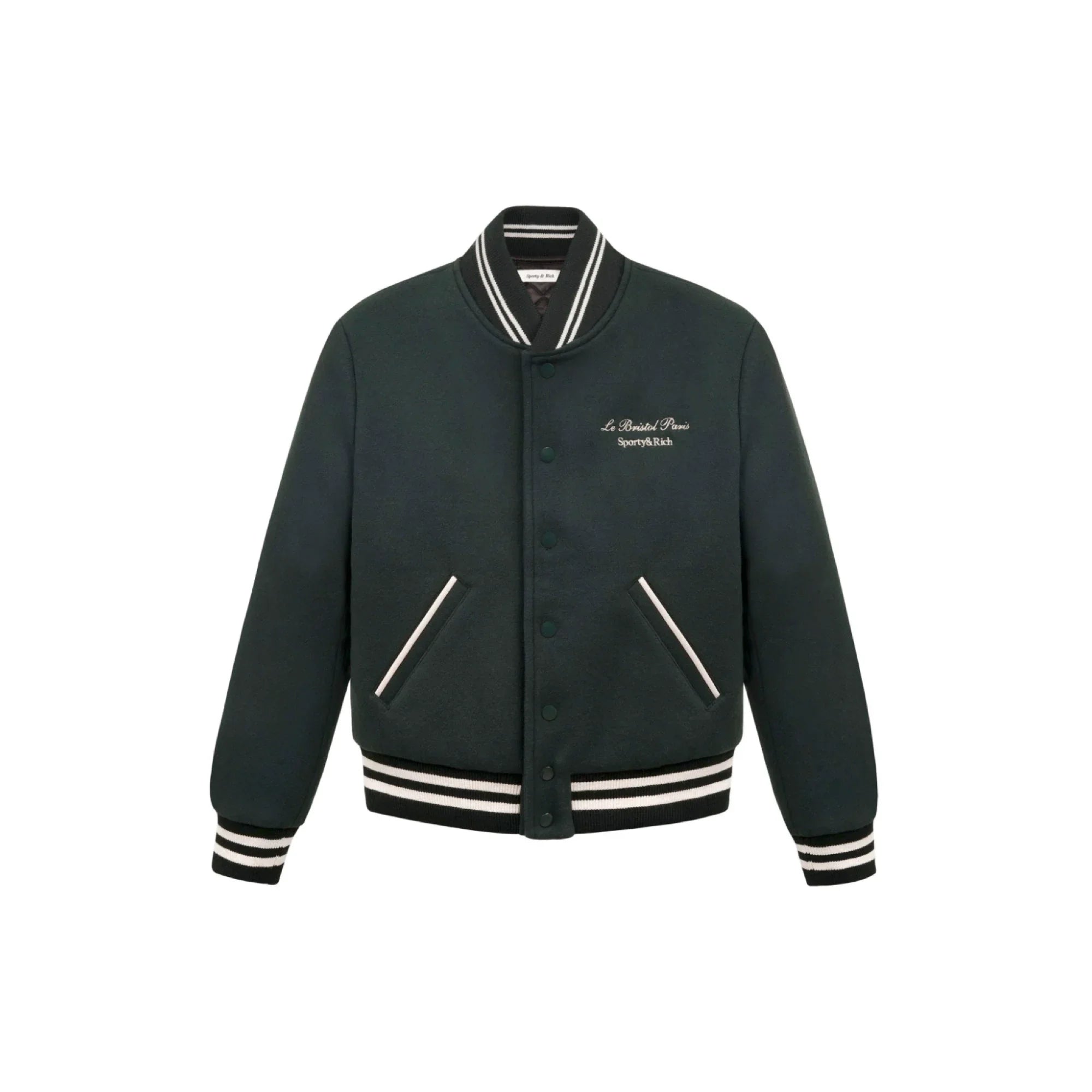 Dark green varsity jacket with striped cuffs and hem, front pockets, and Sporty & Rich logo