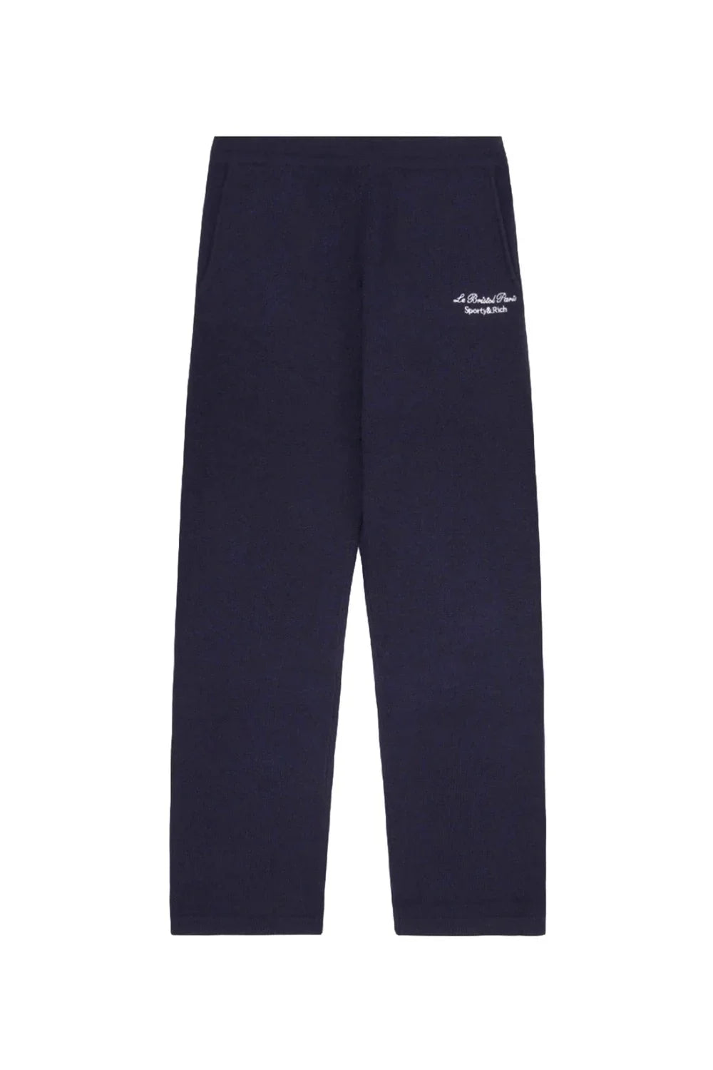 Navy blue cashmere pants with Sporty & Rich logo and La Bristol Paris text