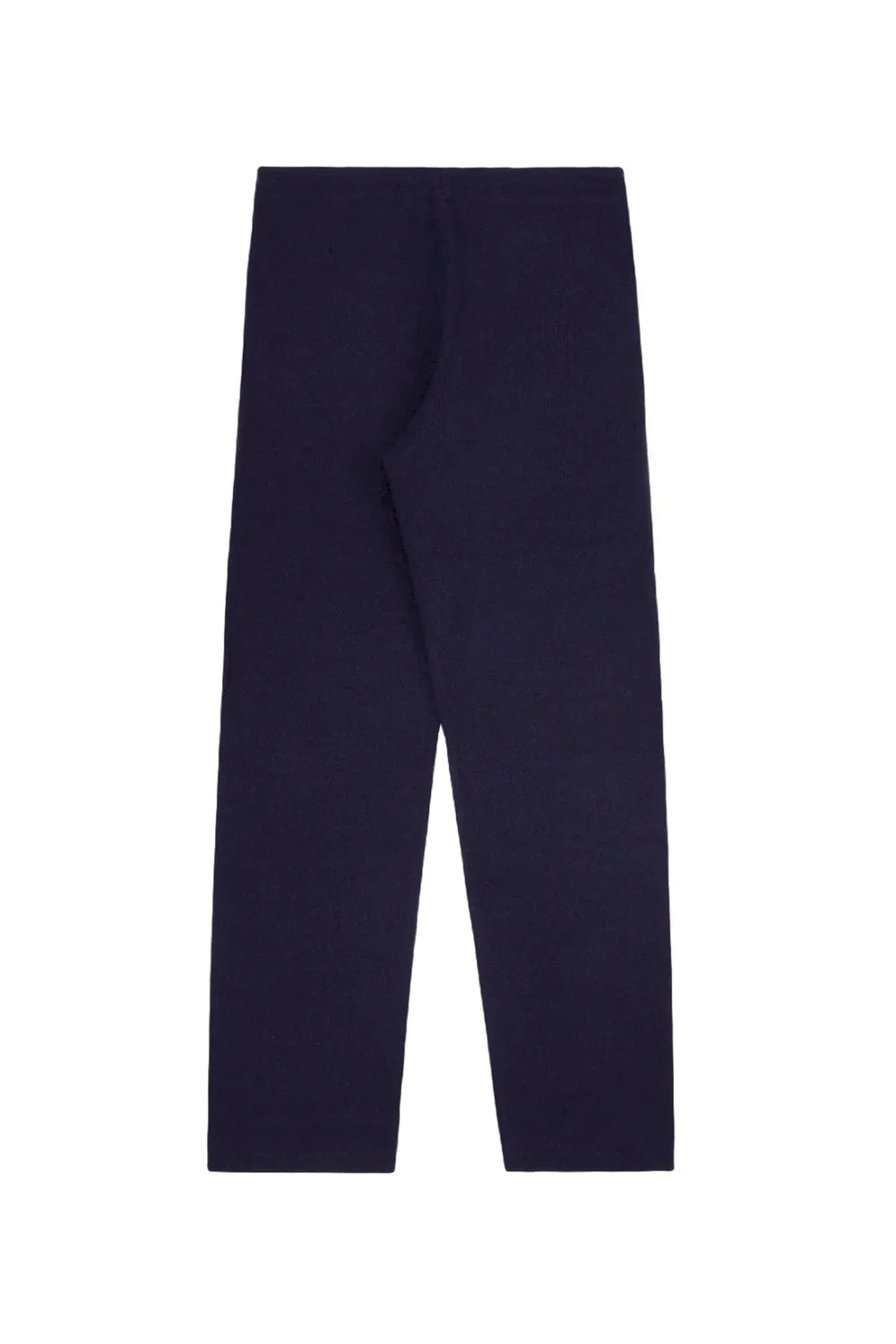 Navy blue cashmere pants with a straight-leg cut on a white background