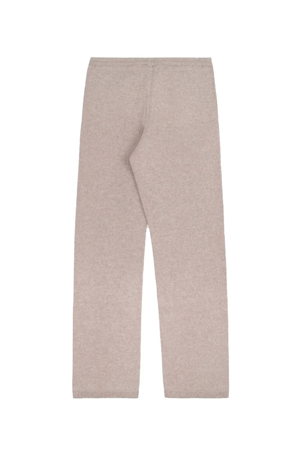 Beige cashmere pants with straight cut and subtle ribbed texture on white background