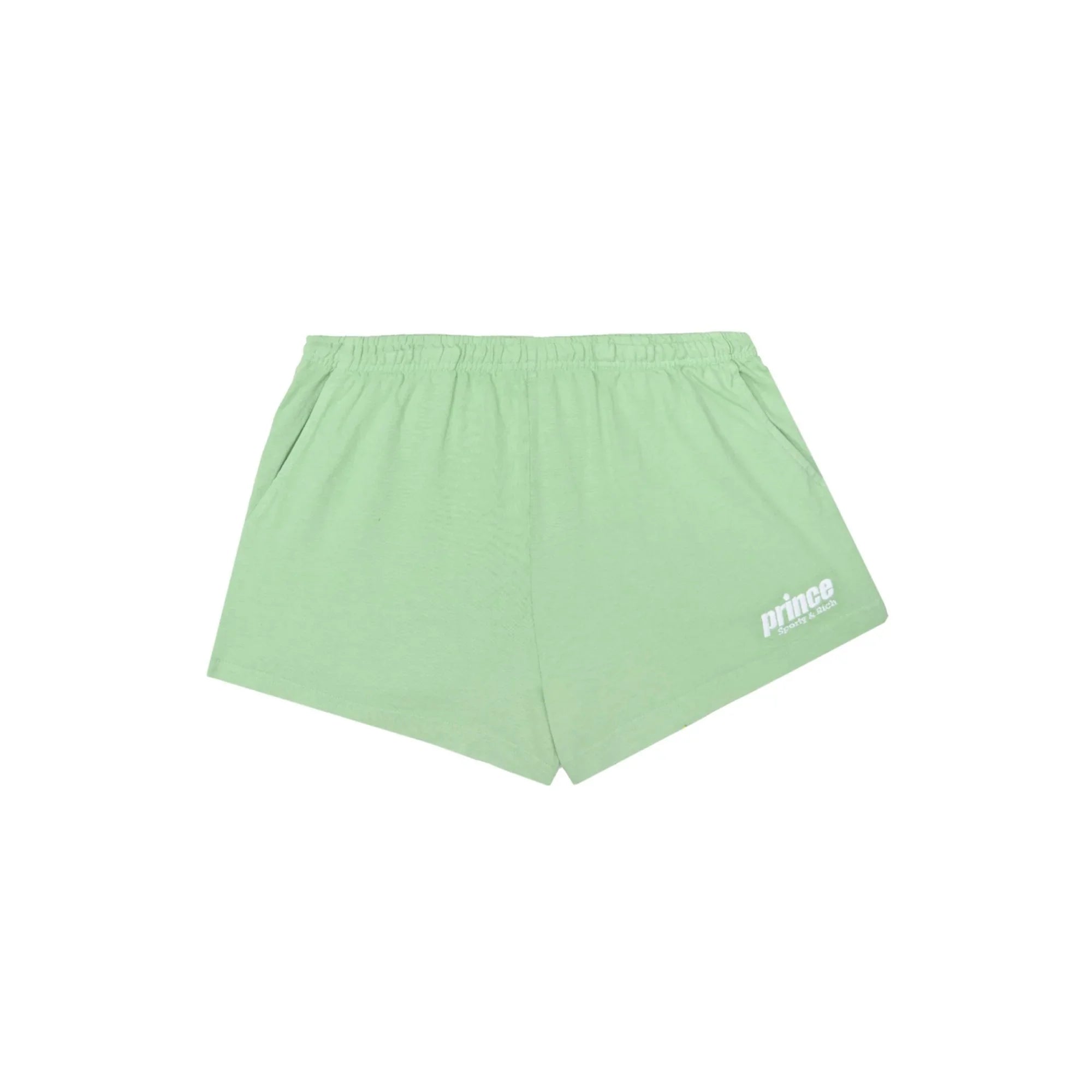 Light green athletic shorts with elastic waistband and white Prince Sports & Rich logo