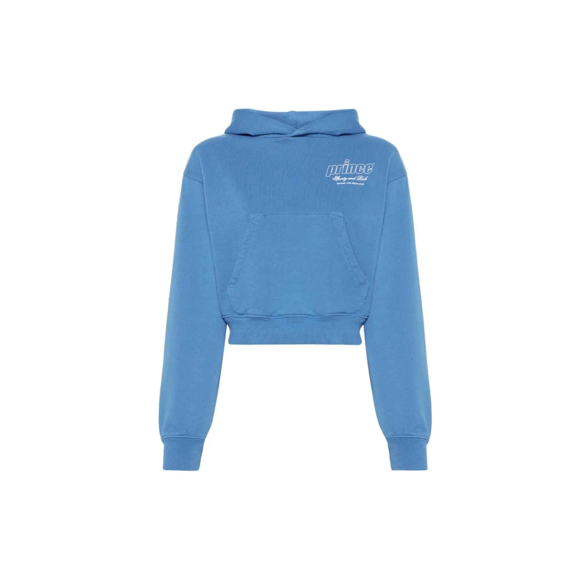Blue cropped hoodie with front pocket and white Prince logo on chest