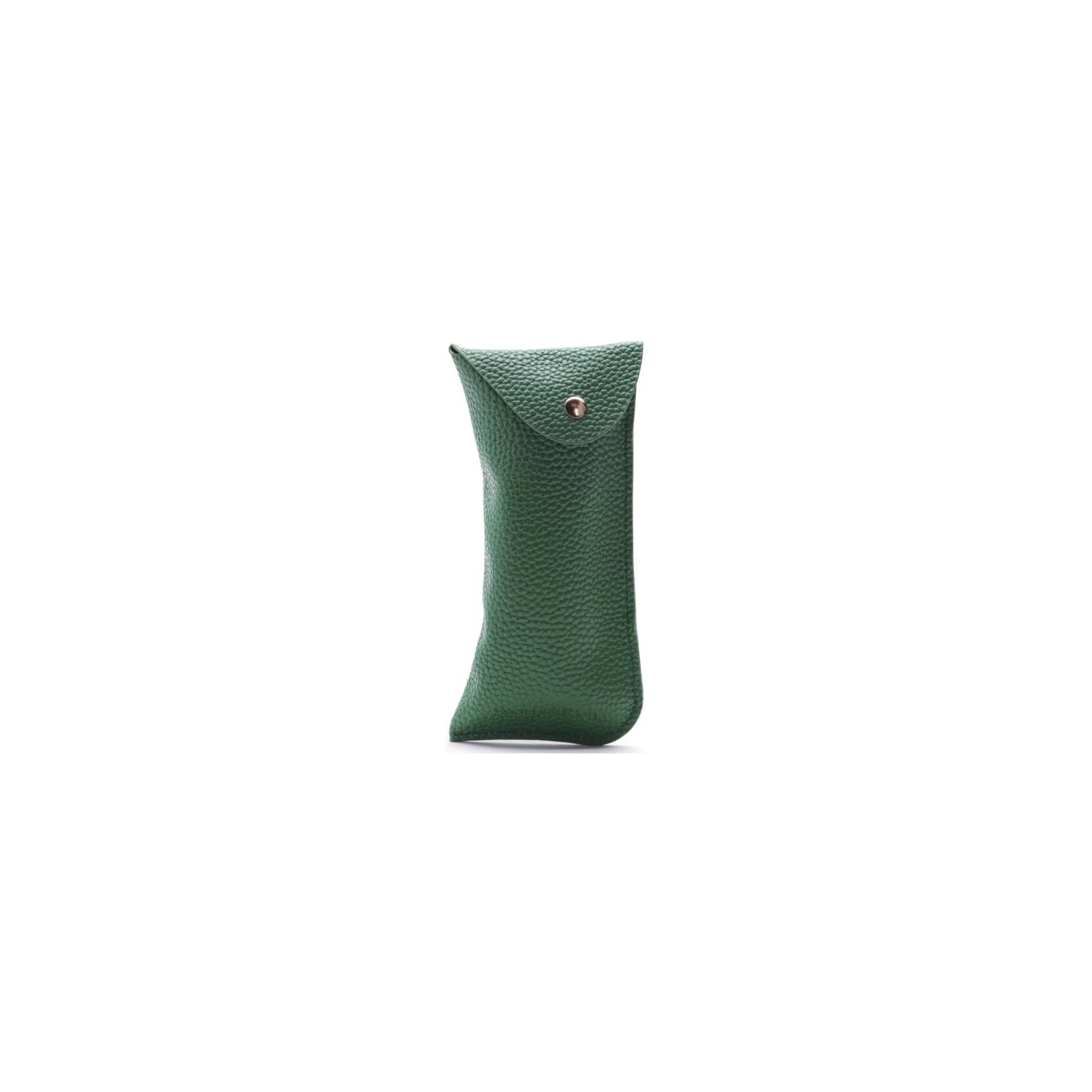 Green textured leather sunglasses case with button closure on white background