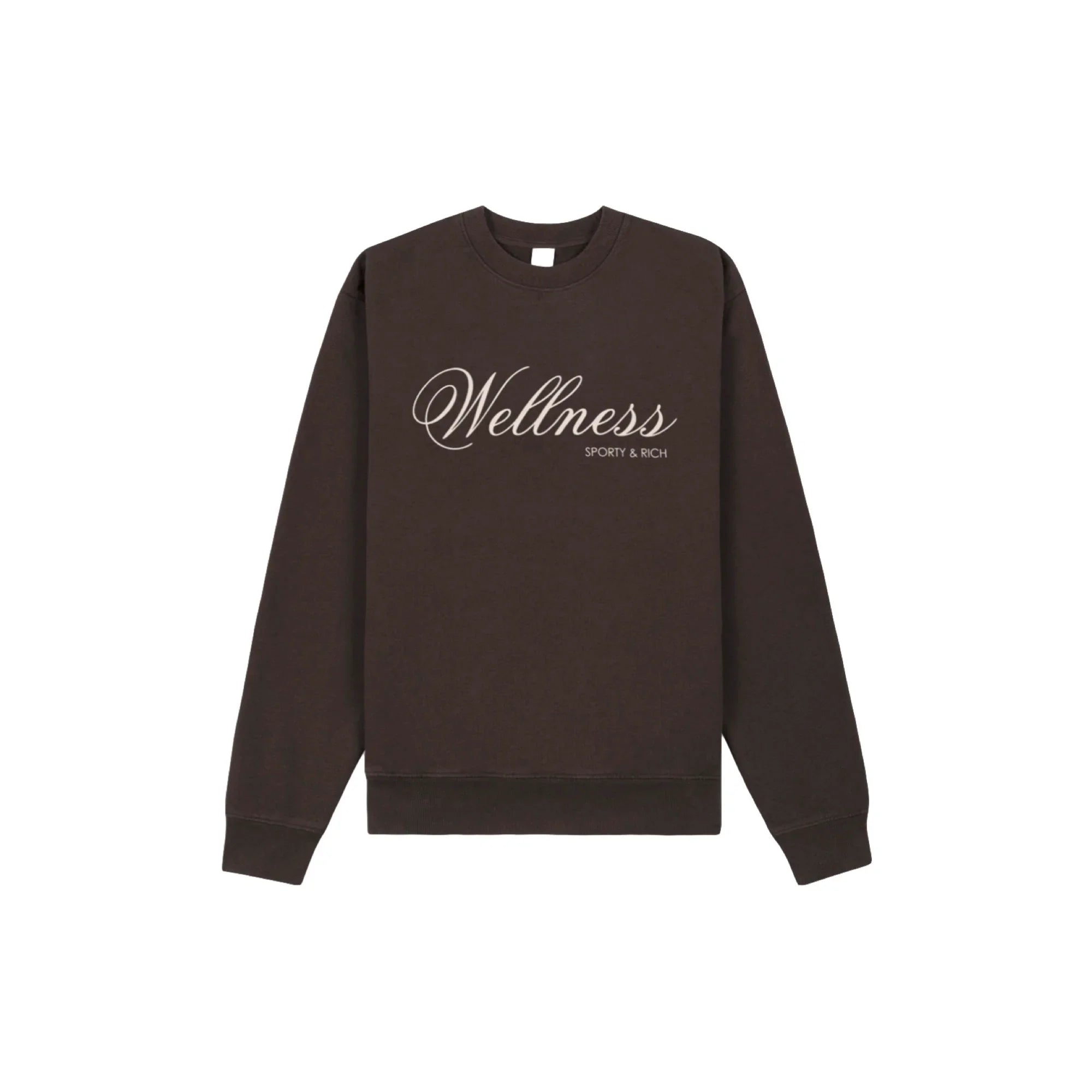 Brown crewneck sweatshirt with "Wellness" and "Sporty & Rich" white script logo on front
