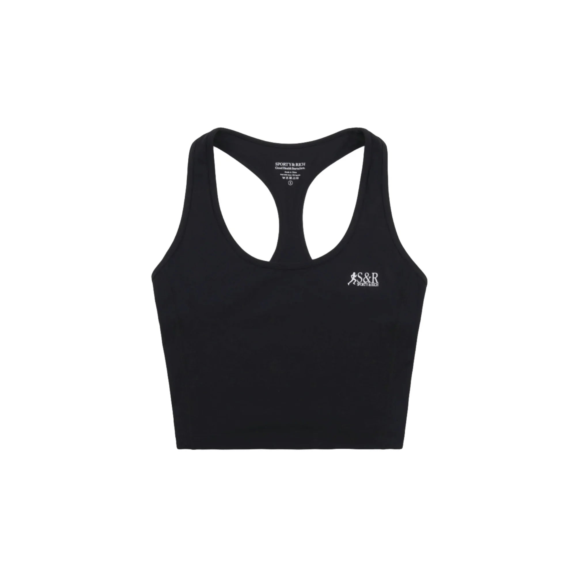 Black SPORTY & RICH cropped racerback sports tank top with white logo on chest
