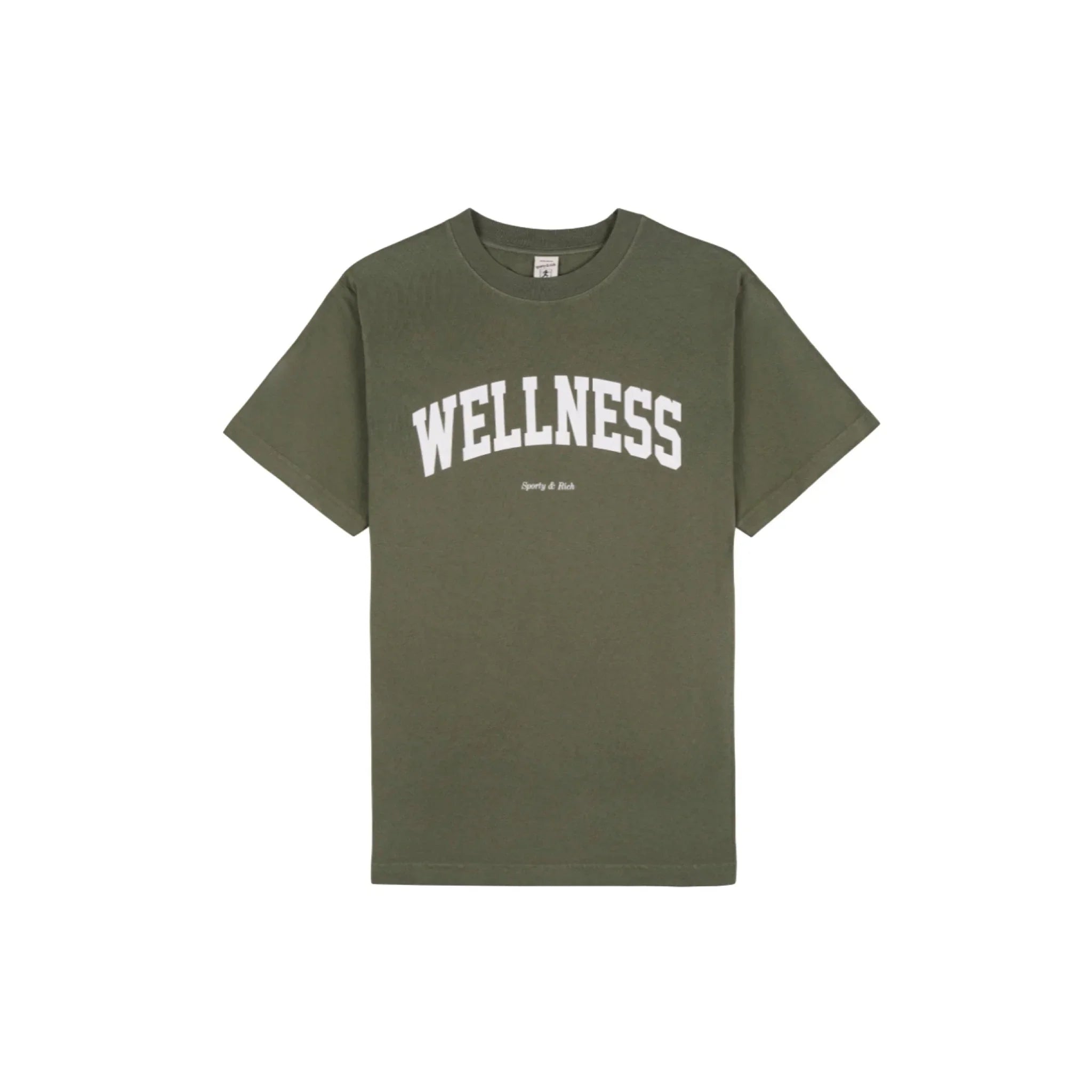 Olive green T-shirt with white 'WELLNESS' text and small 'Sporty & Rich' logo on front