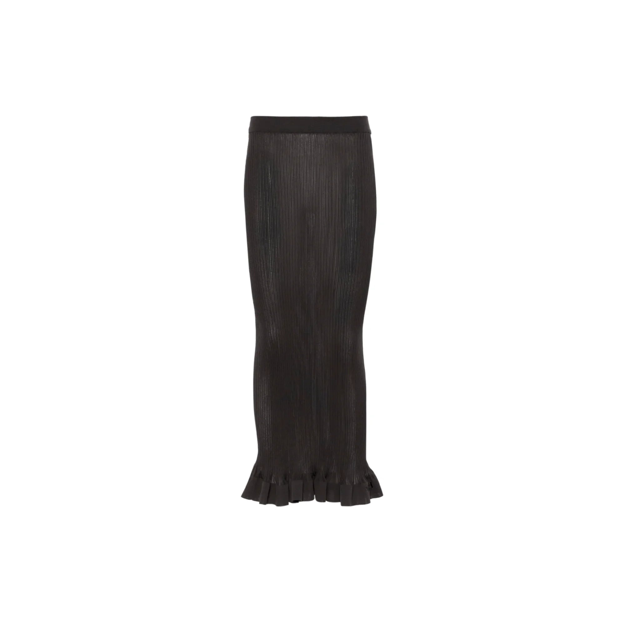 Black ribbed knit midi skirt with ruffle hem detail on white background