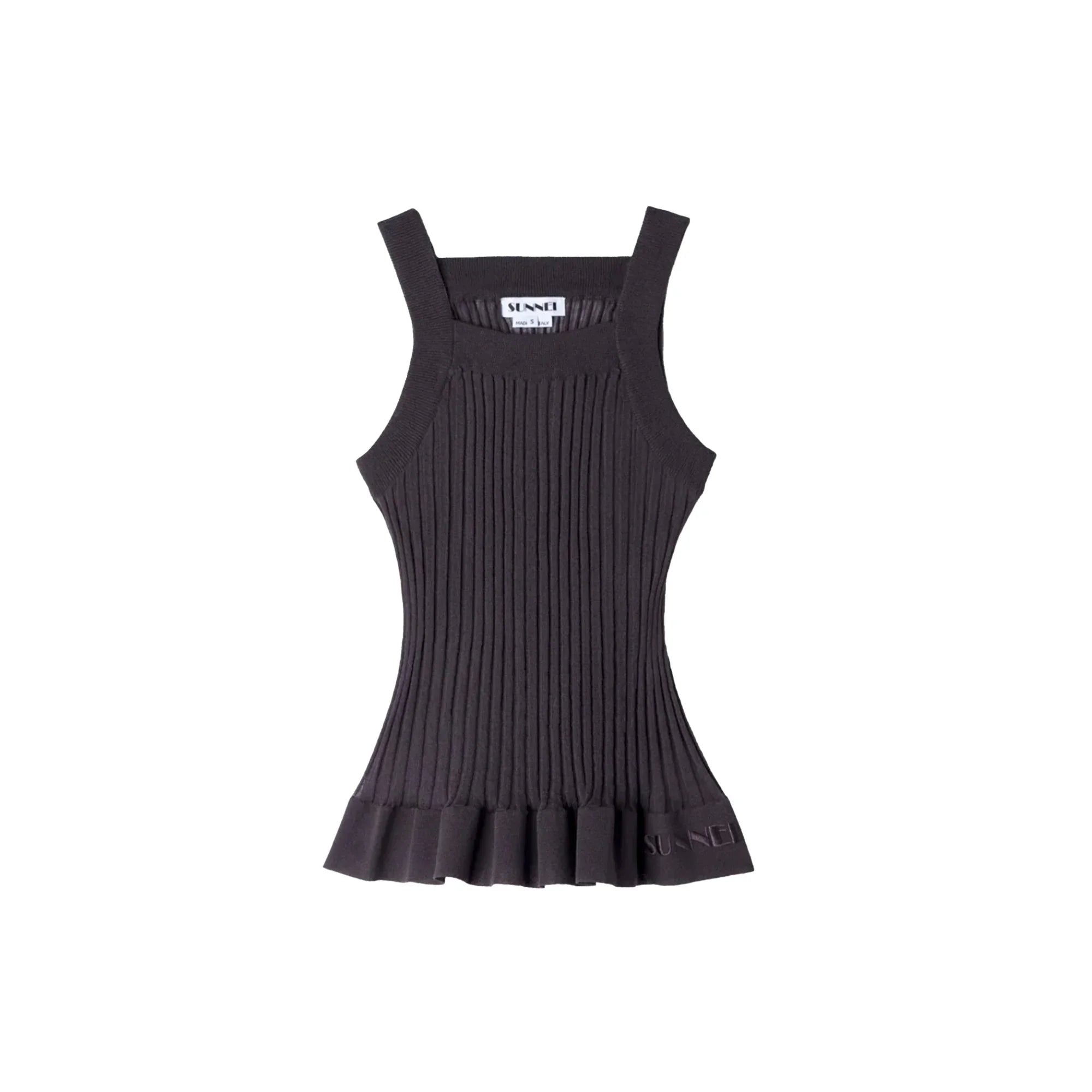 Black ribbed knit tank top with ruffled hem and wide straps, SUNNEI branded